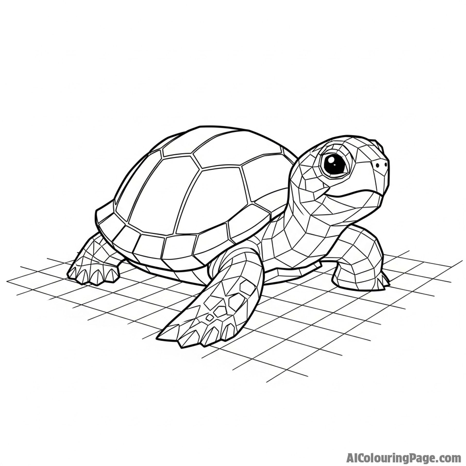 A low-poly, digital art-style turtle on a grid plane.