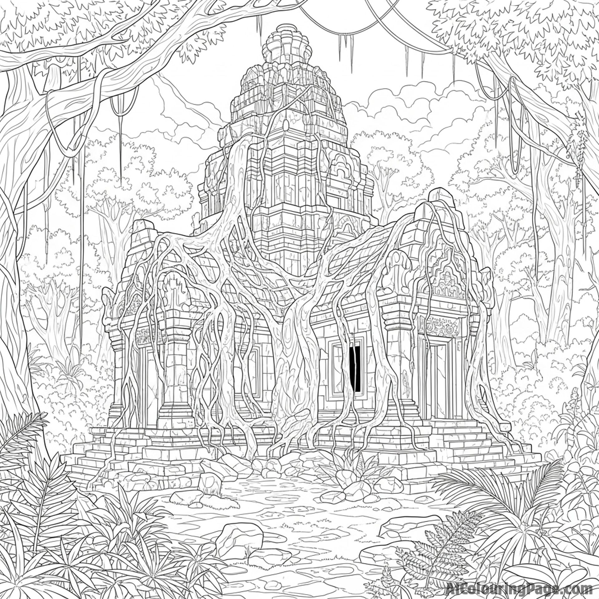 An ancient temple overgrown with vines, swallowed by the surrounding jungle.