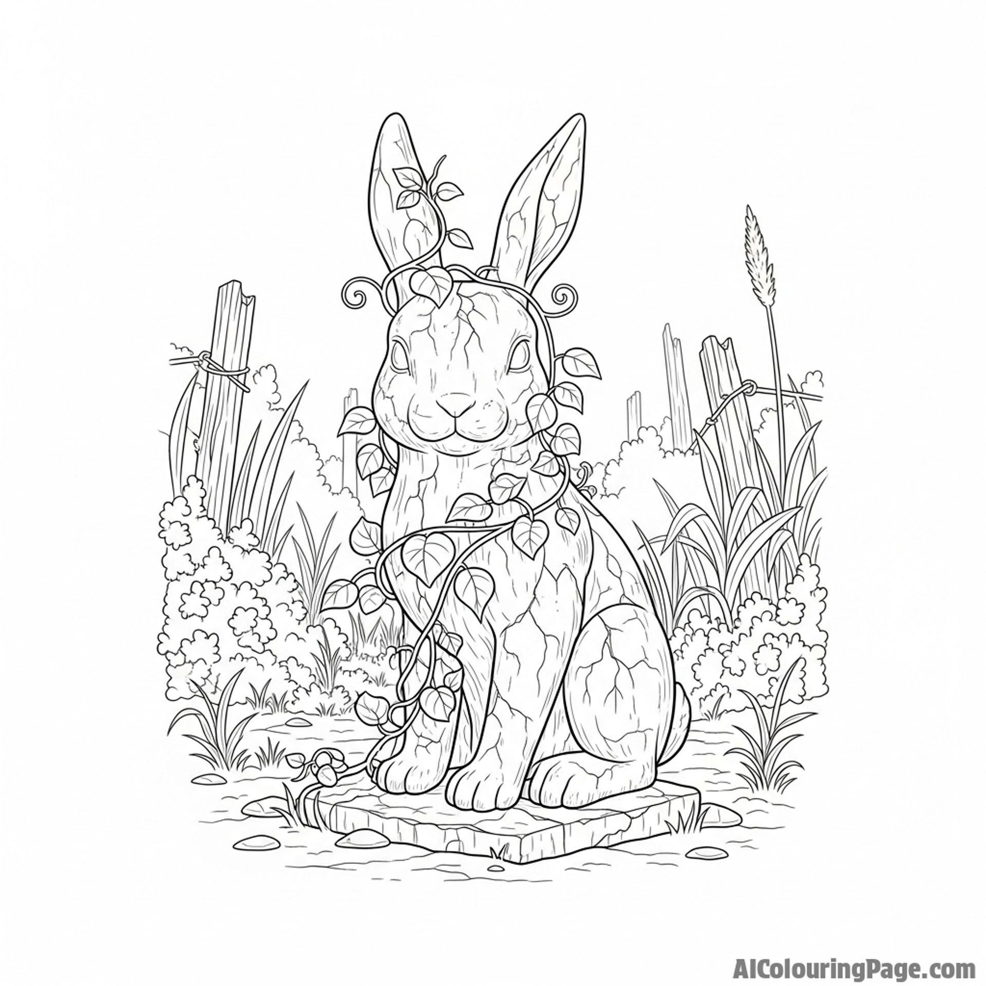 A stone statue of a bunny, weathered and covered in creeping vines, in a forgotten garden.
