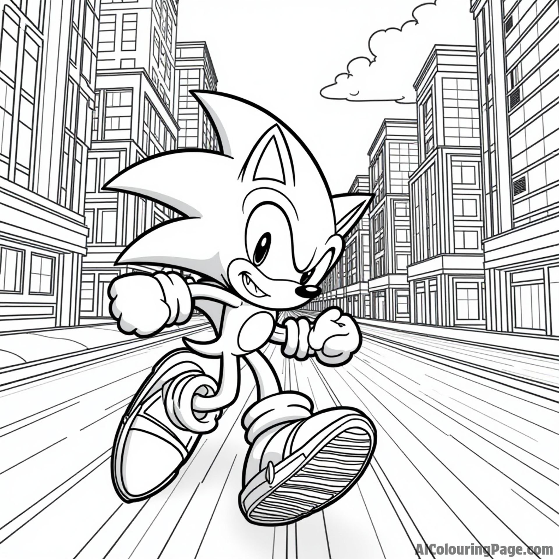 Sonic racing through a vibrant cityscape, with tall buildings, bustling streets, and a sense of speed and excitement everywhere.