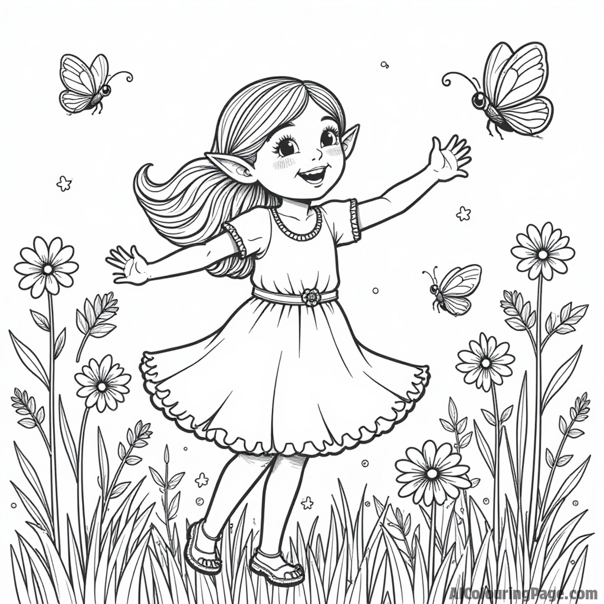 A joyful elf dancing in a field of flowers, with butterflies and bees buzzing around, providing a vibrant and lively scene for kids to color in their own unique styles.