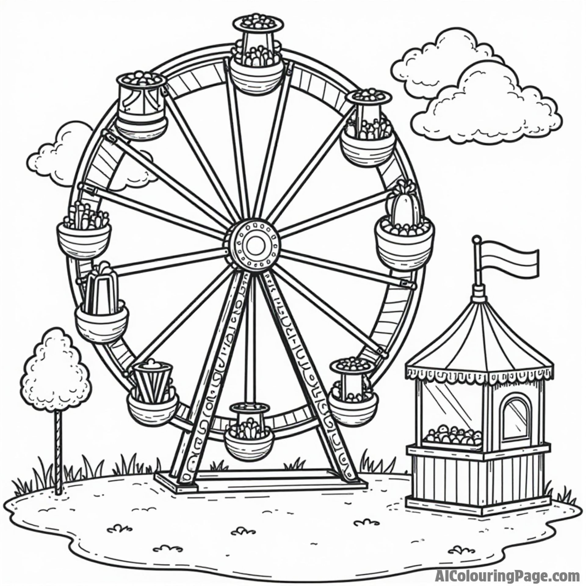 A fun carnival scene featuring a Ferris wheel made of candy, cotton candy stands, and popcorn for children to color.