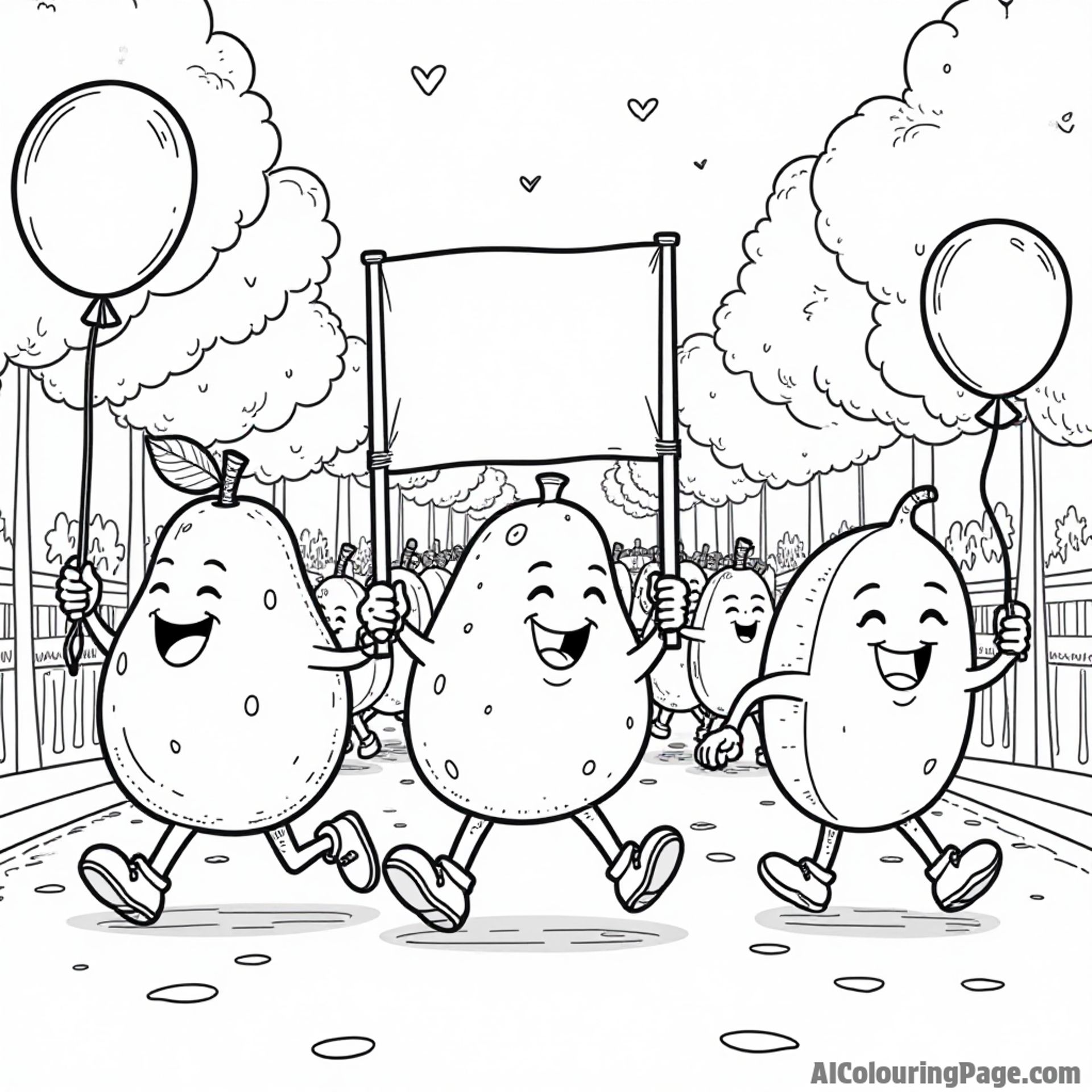 A joyful fruit parade with various fruit characters marching, holding banners and balloons in a festive atmosphere.