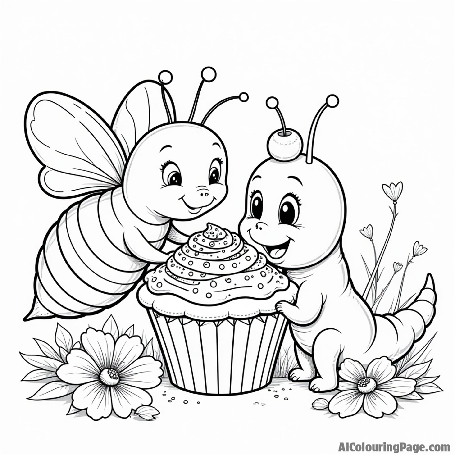 A bee and a caterpillar sharing a cupcake together, with colorful sprinkles and a cherry on top, in a garden.