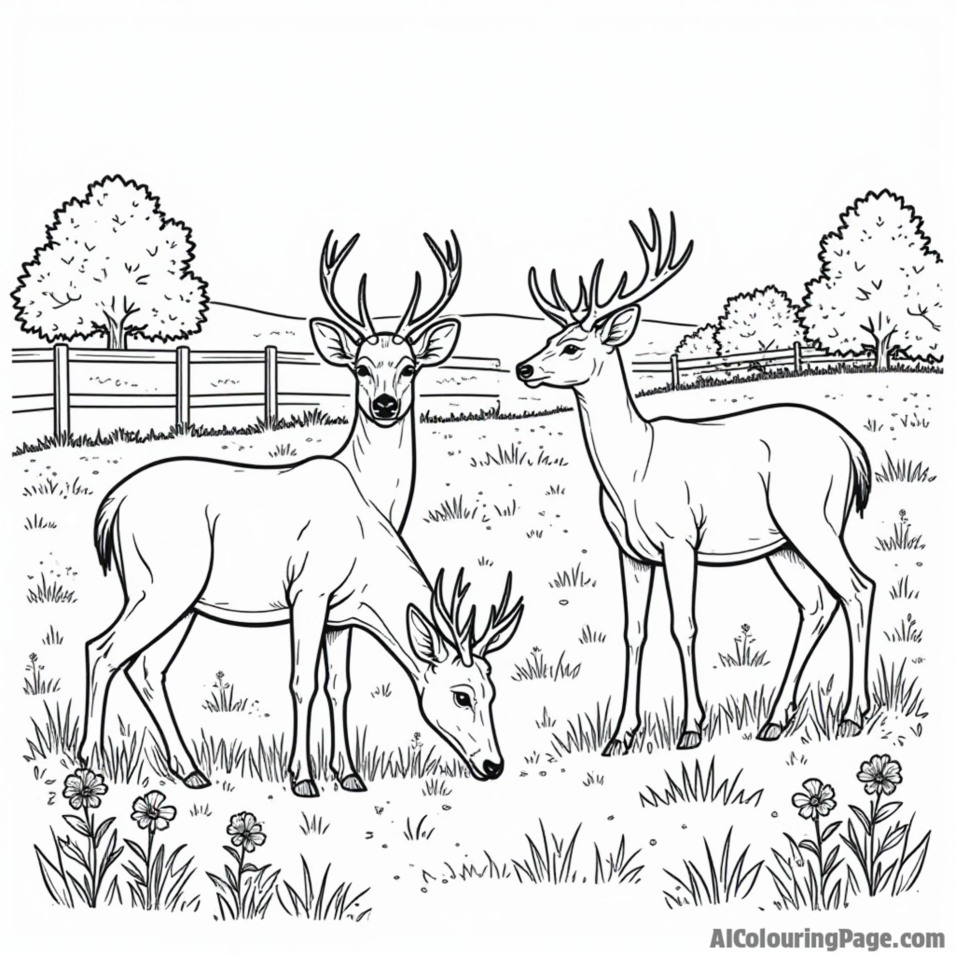 A family of deer grazing in a meadow, surrounded by wildflowers and a wooden fence in rural Iowa setting.