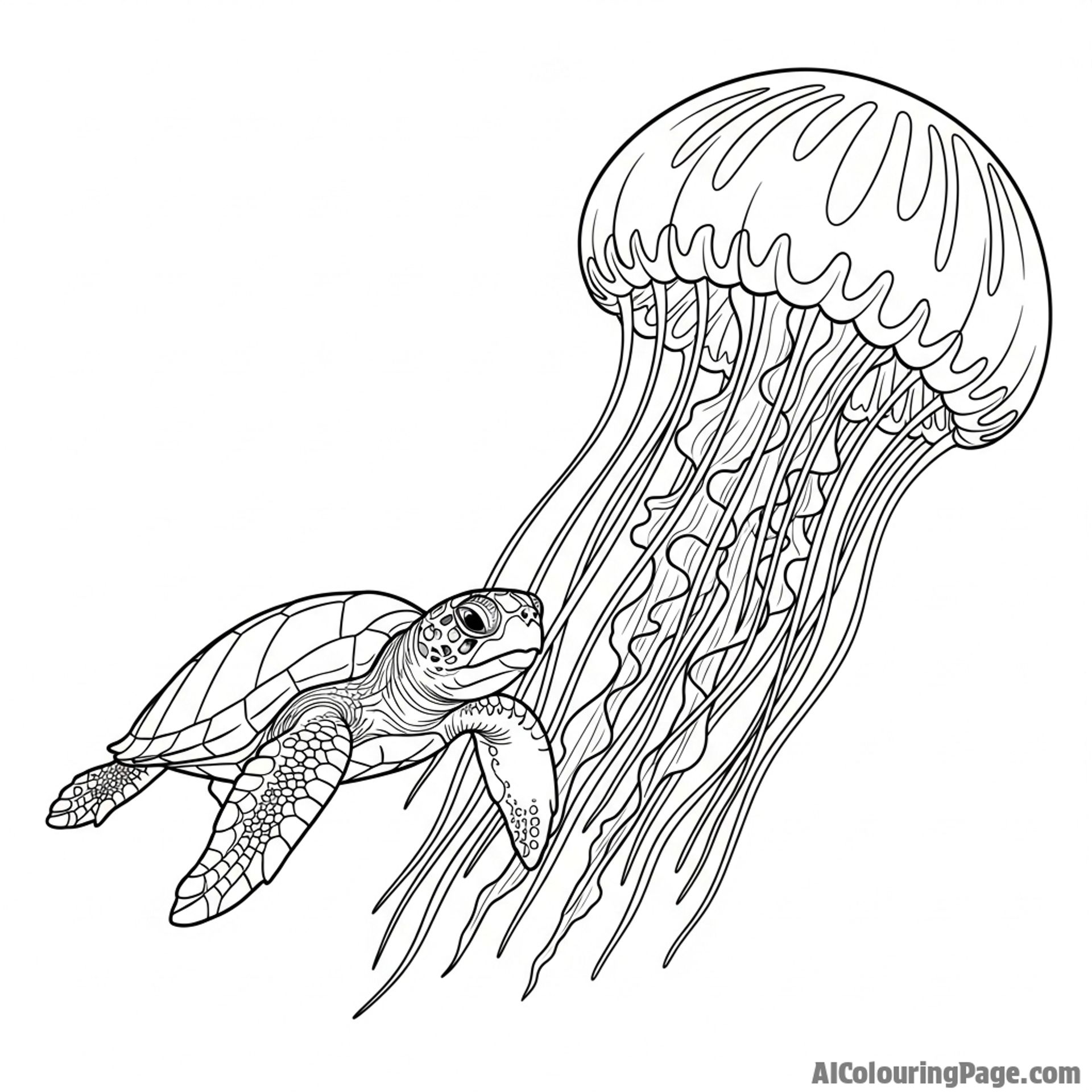 A turtle swimming alongside a giant jellyfish.
