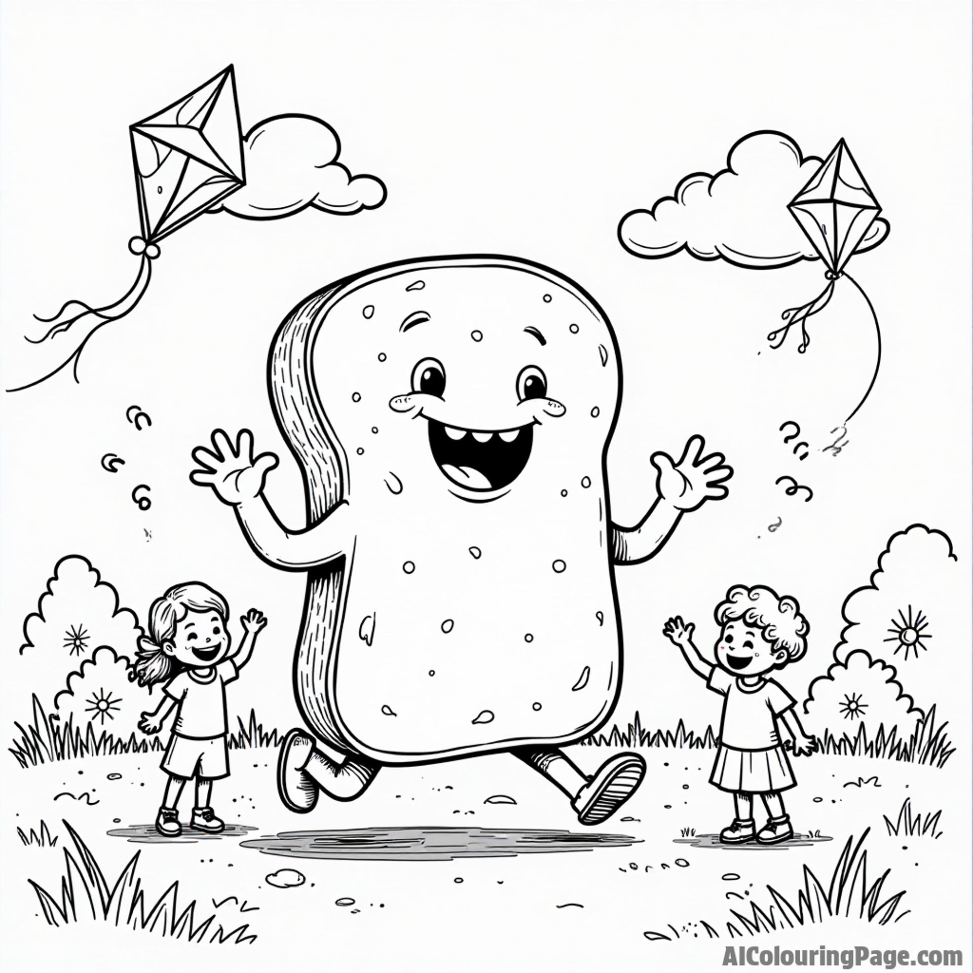 A friendly bread monster playing in a park, with children laughing and flying kites nearby on a sunny day.