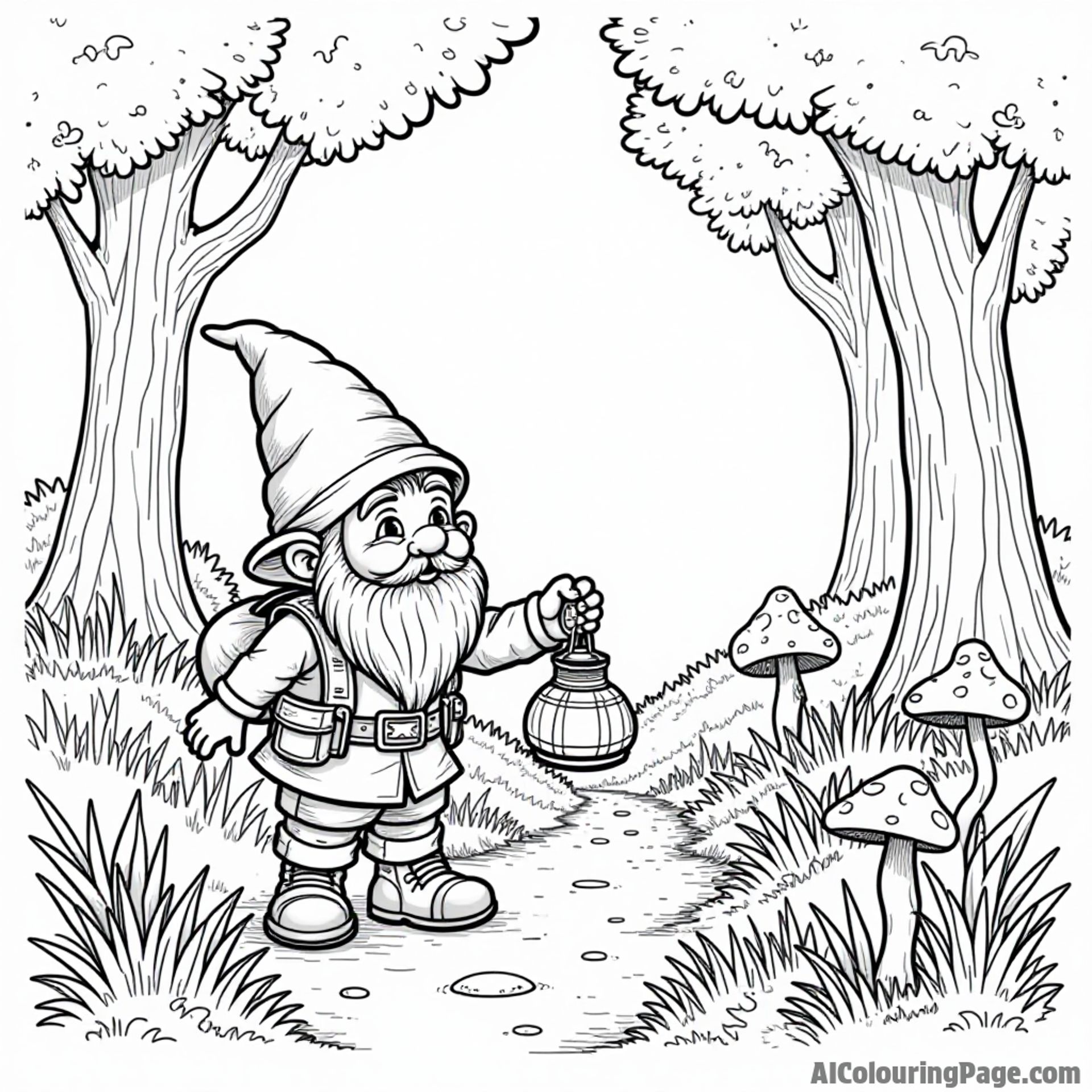 A gnome exploring an enchanted forest with a magical lantern and glowing mushrooms illuminating the path ahead.