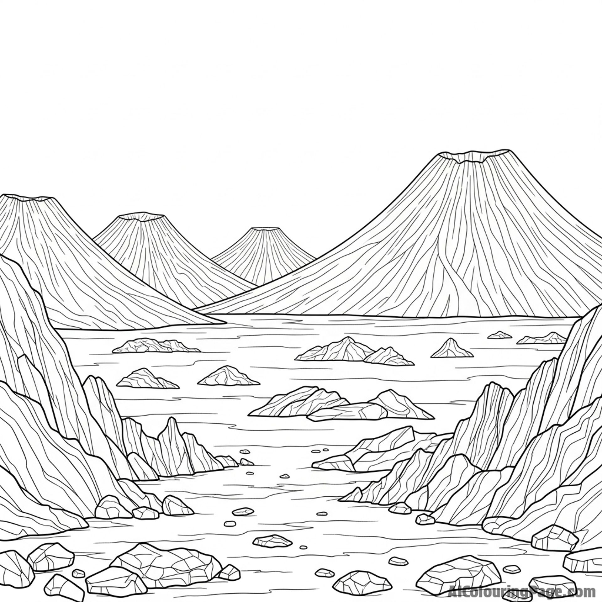 Scattered rocks, volcanic peaks, arid landscape.