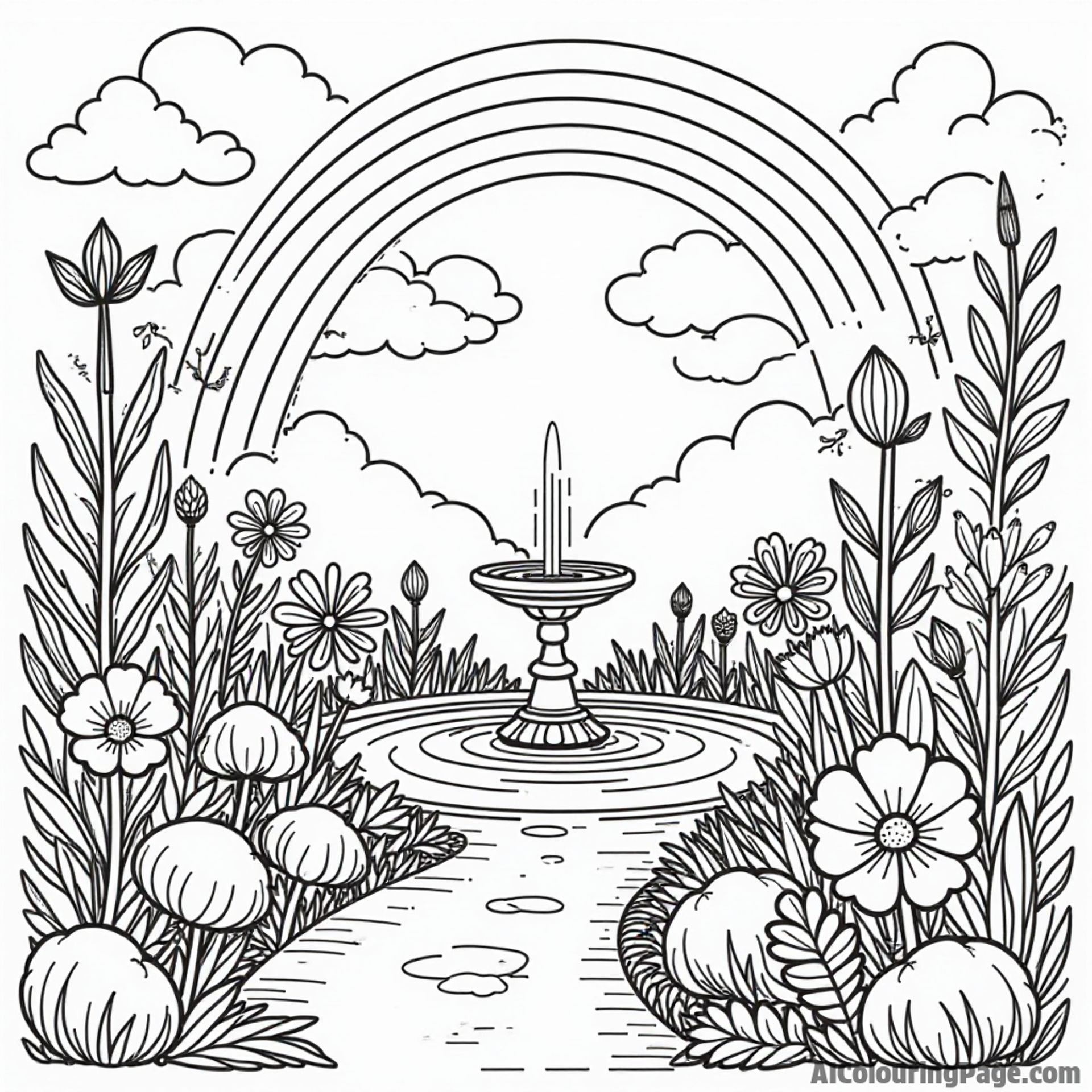 A magical garden filled with whimsical plants, flowers, and a fountain, with a rainbow arching overhead.