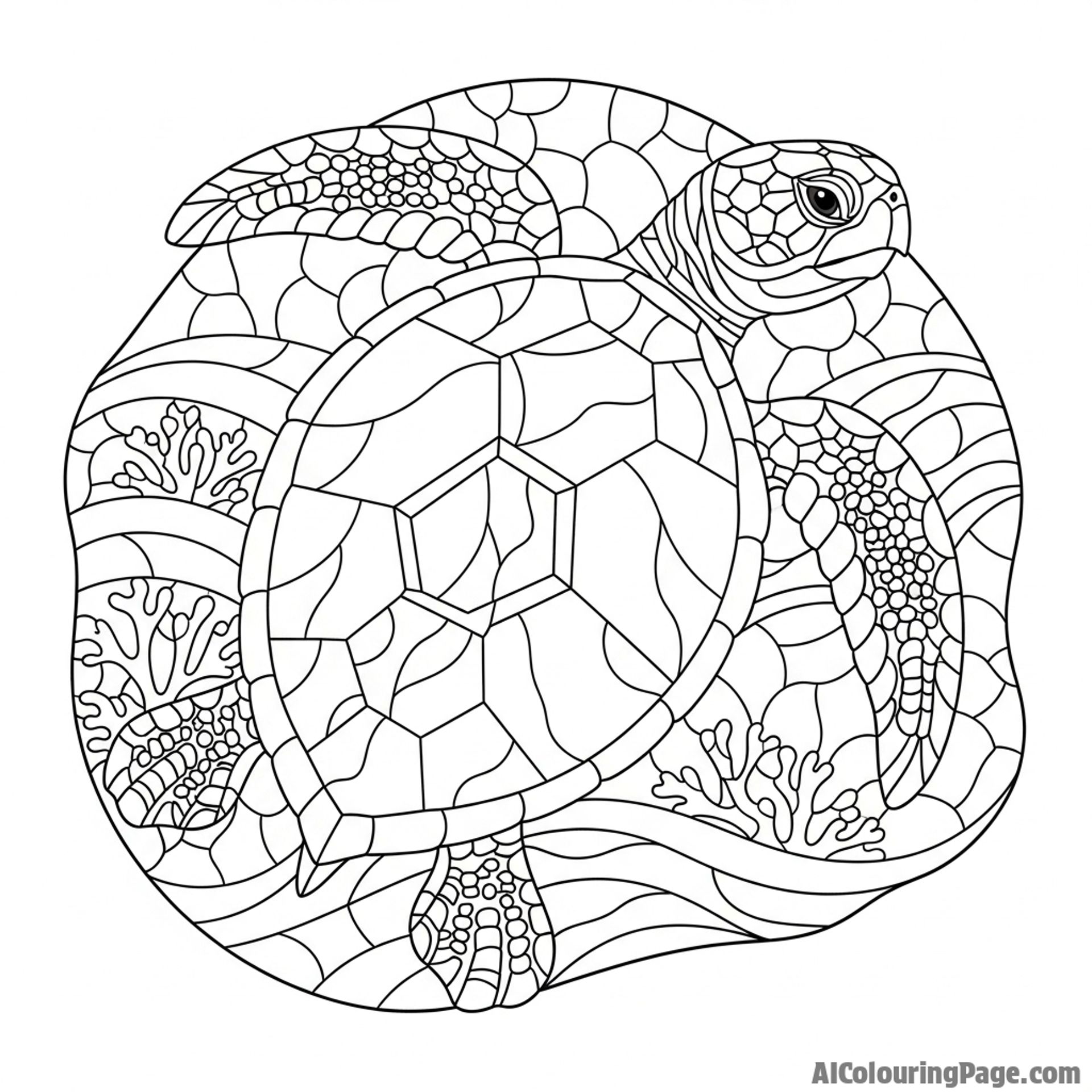 A stained-glass window depicting a majestic sea turtle.