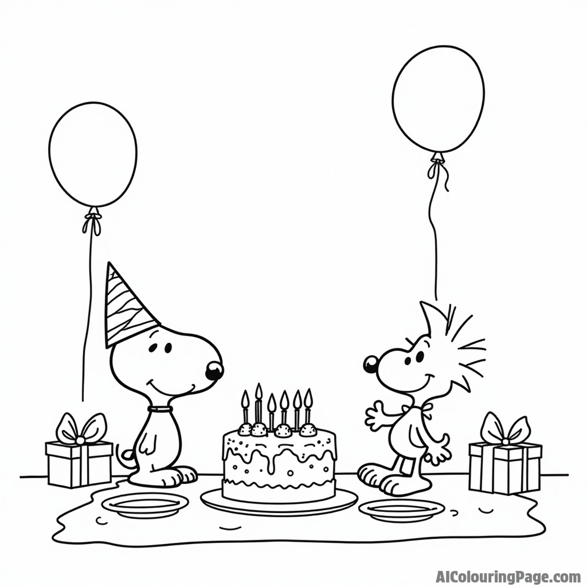Snoopy and Woodstock having a birthday party with balloons, cake, and presents spread out on a table