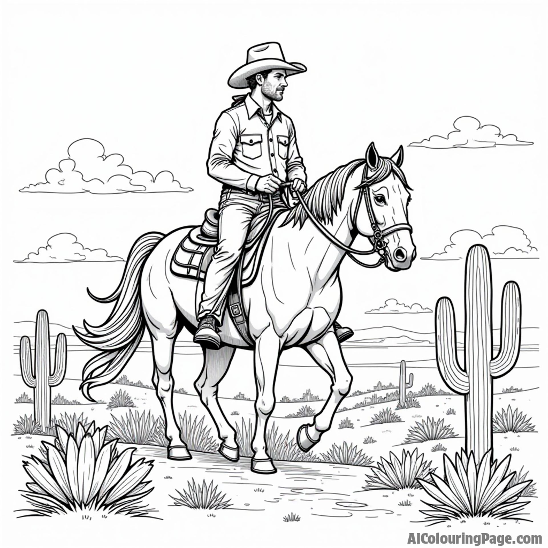 An adventurous cowboy riding a horse across the Kansas plains with cacti and wildflowers surrounding them to color.
