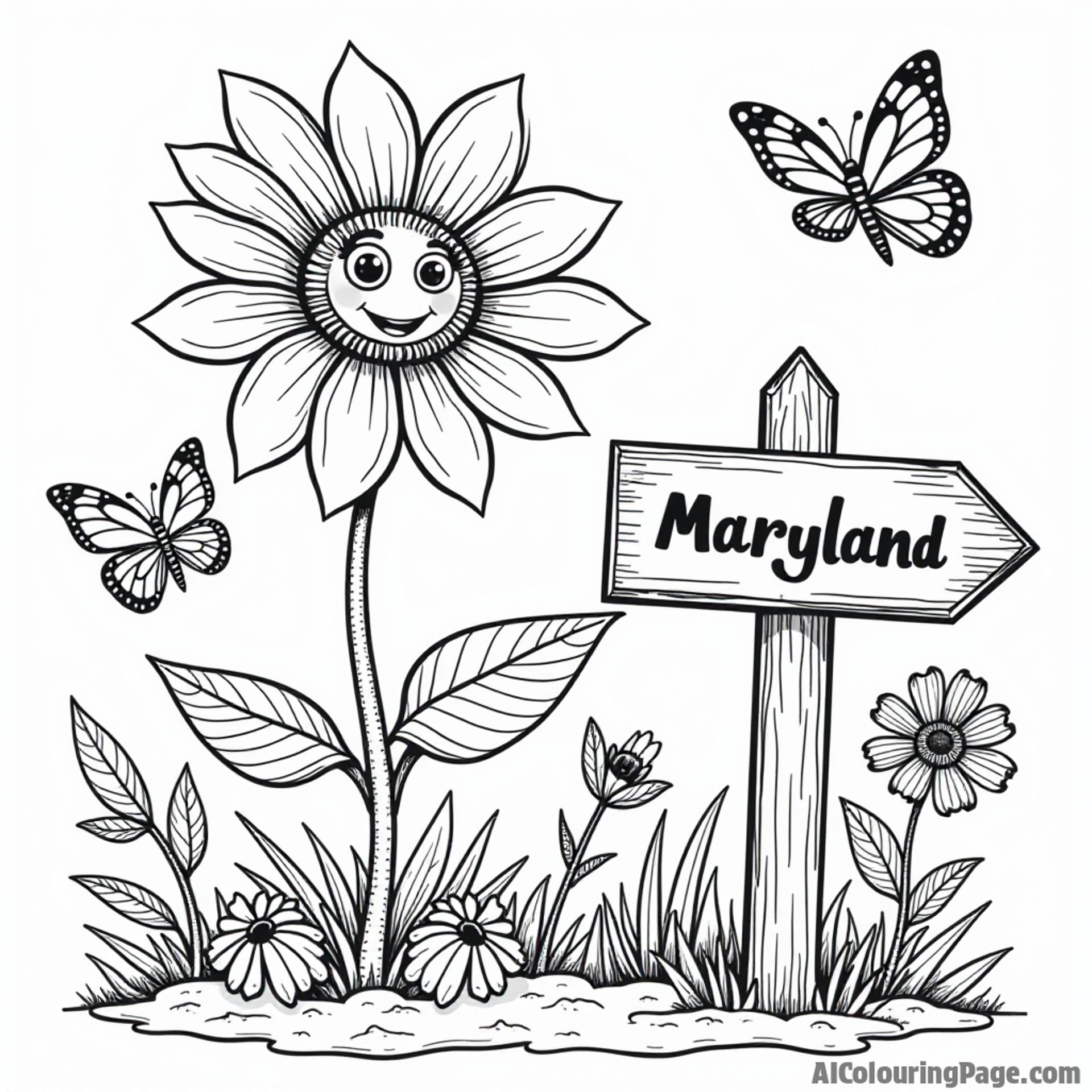 A friendly black-eyed Susan flower smiling amidst a garden of butterflies, with a wooden signpost pointing to Maryland landmarks.