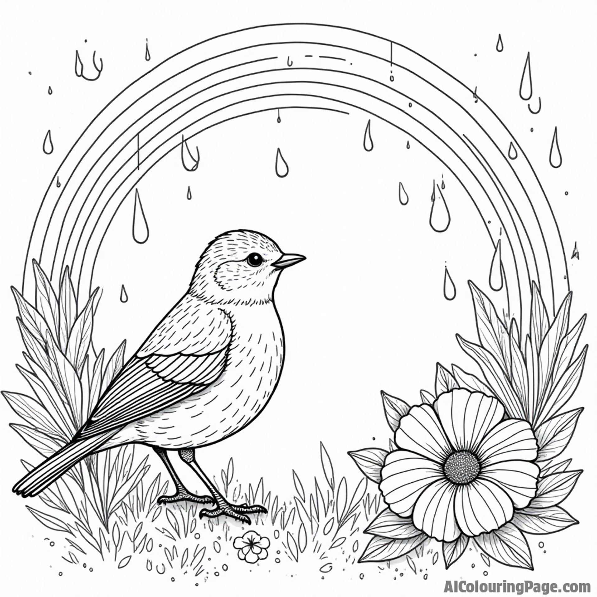 A robin watching a rainbow after the rain, with flowers and raindrops around, creating a vibrant scene for coloring.
