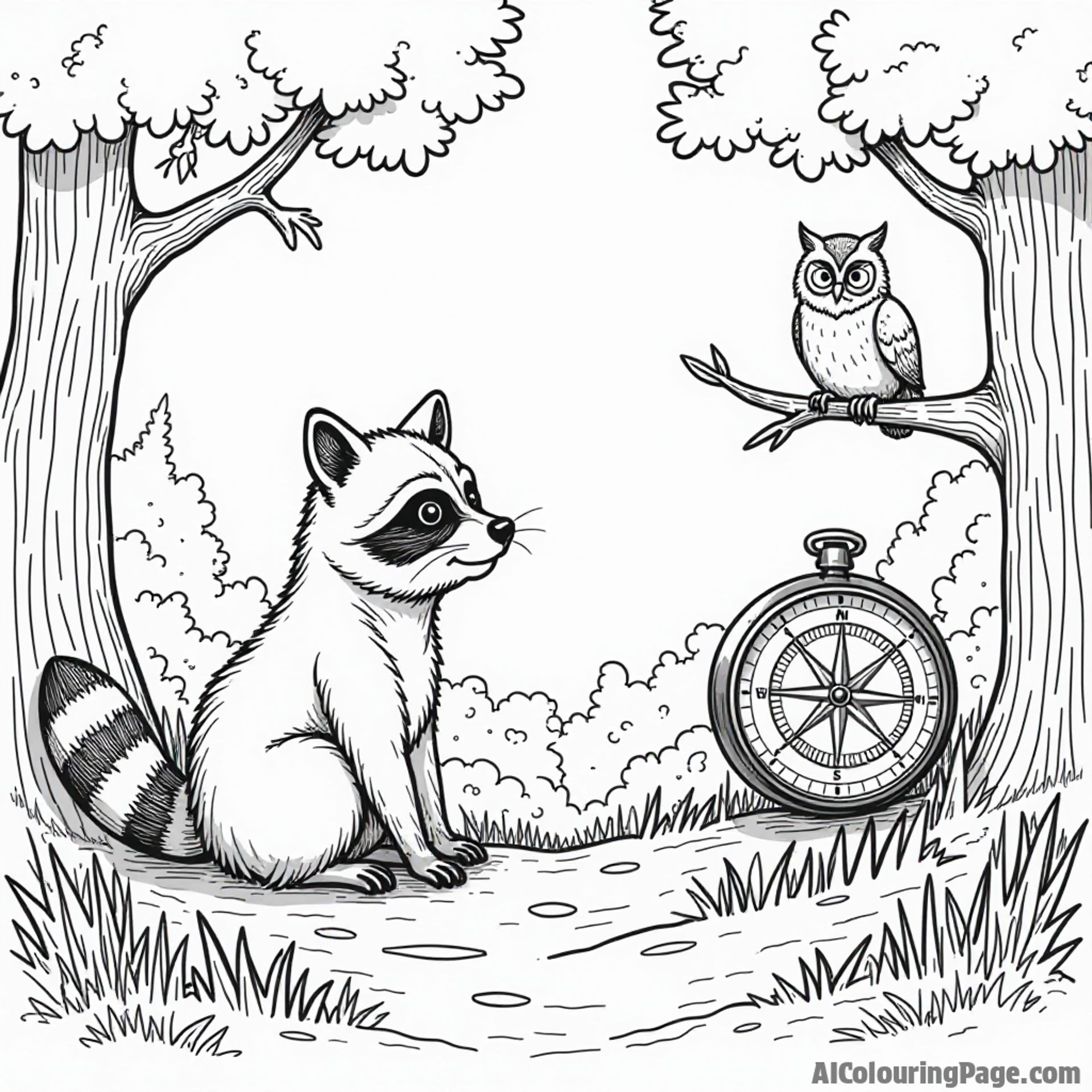 A whimsical forest scene featuring a large compass, a curious raccoon, and a friendly owl perched on a branch, all ready for an adventure in the great outdoors, black and white outline.