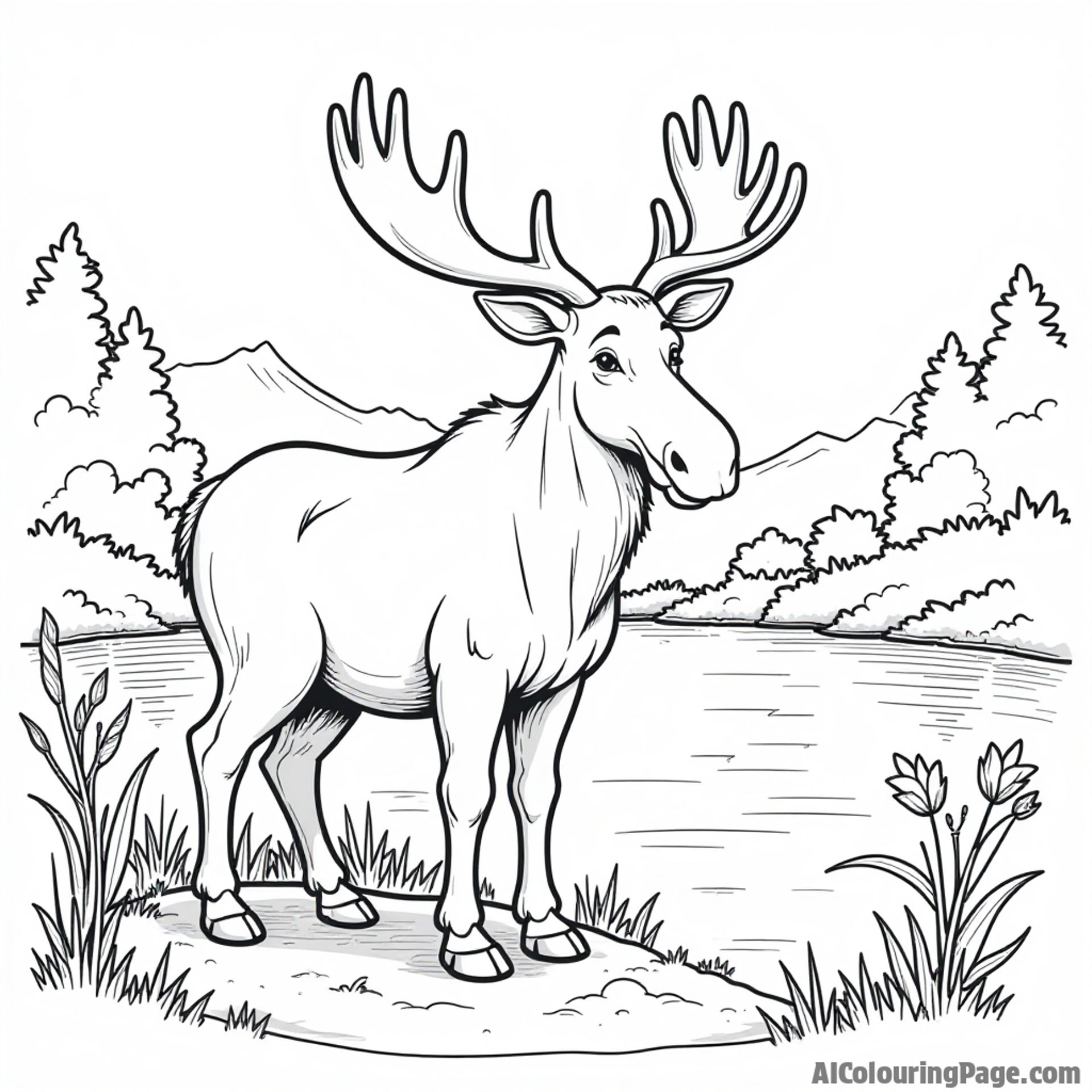 A playful moose standing beside a tranquil lake, surrounded by tall grass and wildflowers, ready for coloring fun.