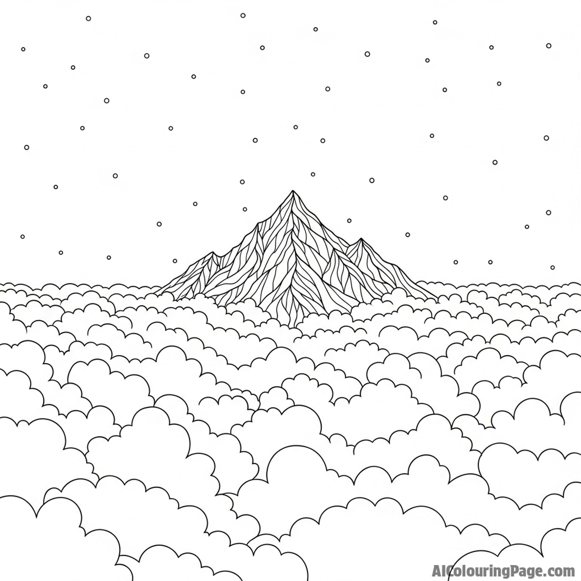 Mountain peak piercing through a layer of clouds at night, stars visible above.