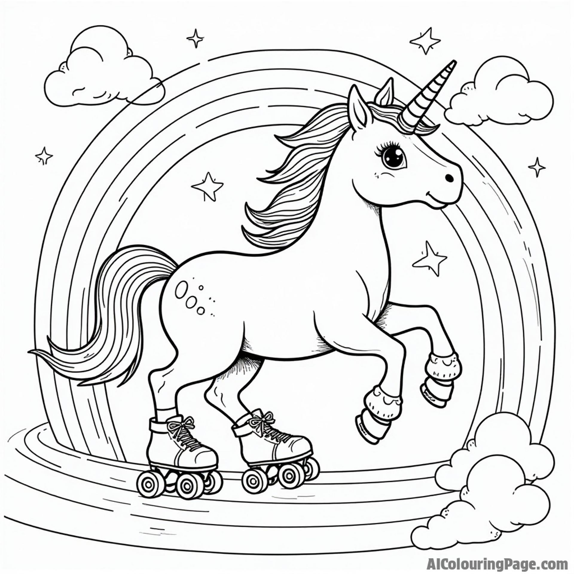 A roller-skating unicorn prancing through a rainbow, with stars and clouds, blending fantasy with sports activities in a magical coloring page for imaginative young artists.