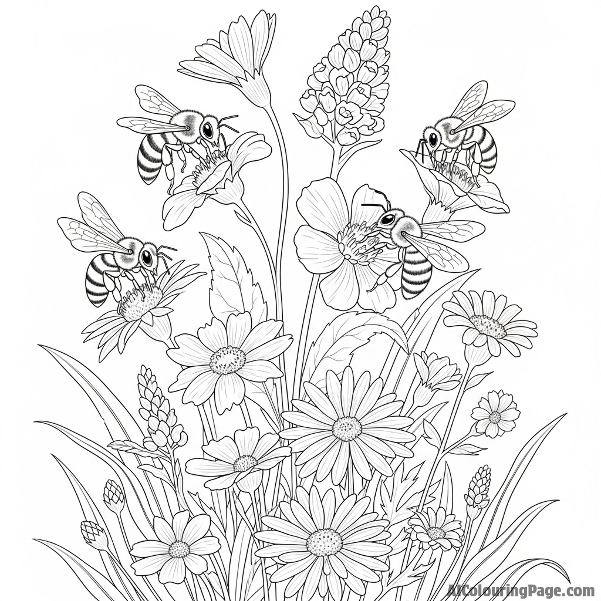 Bees gathering nectar from wildflowers, busy pollinators.