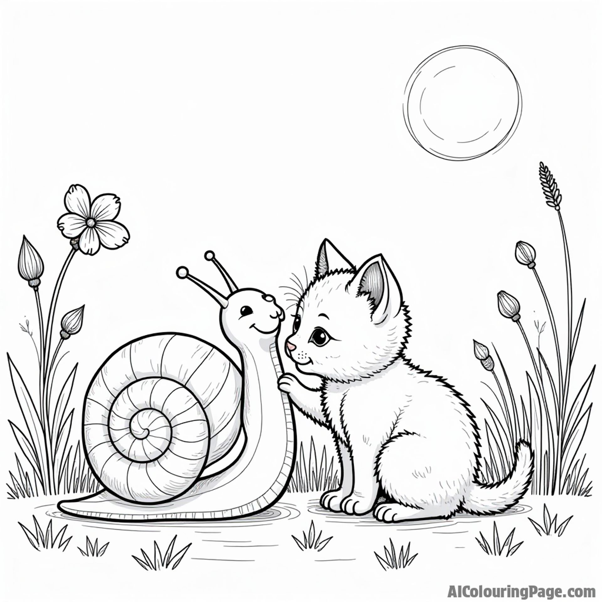 A snail making friends with a playful kitten, amidst tall grass and blooming flowers in a bright sunny day.