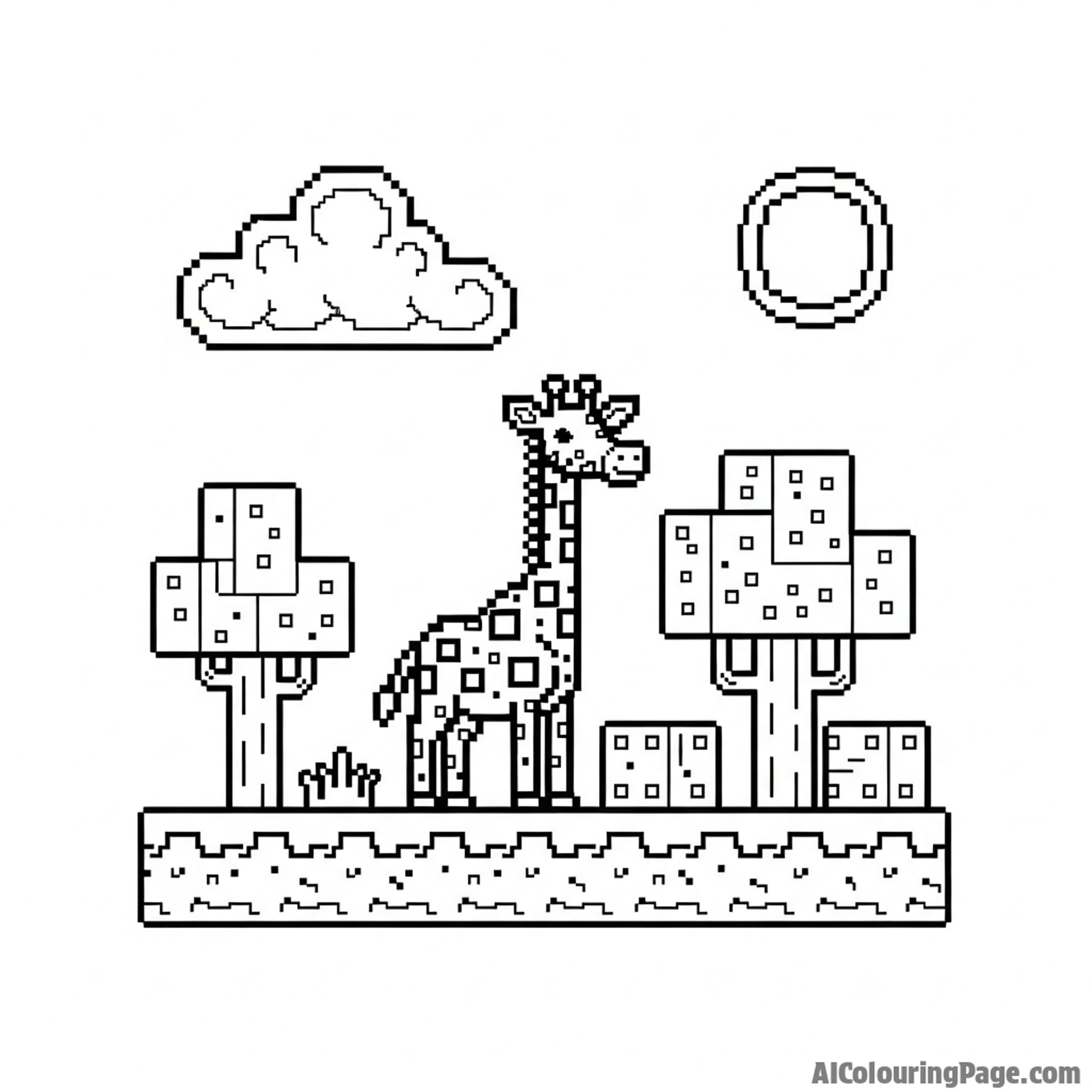 Pixel art scene of a giraffe in a classic 8-bit video game world.