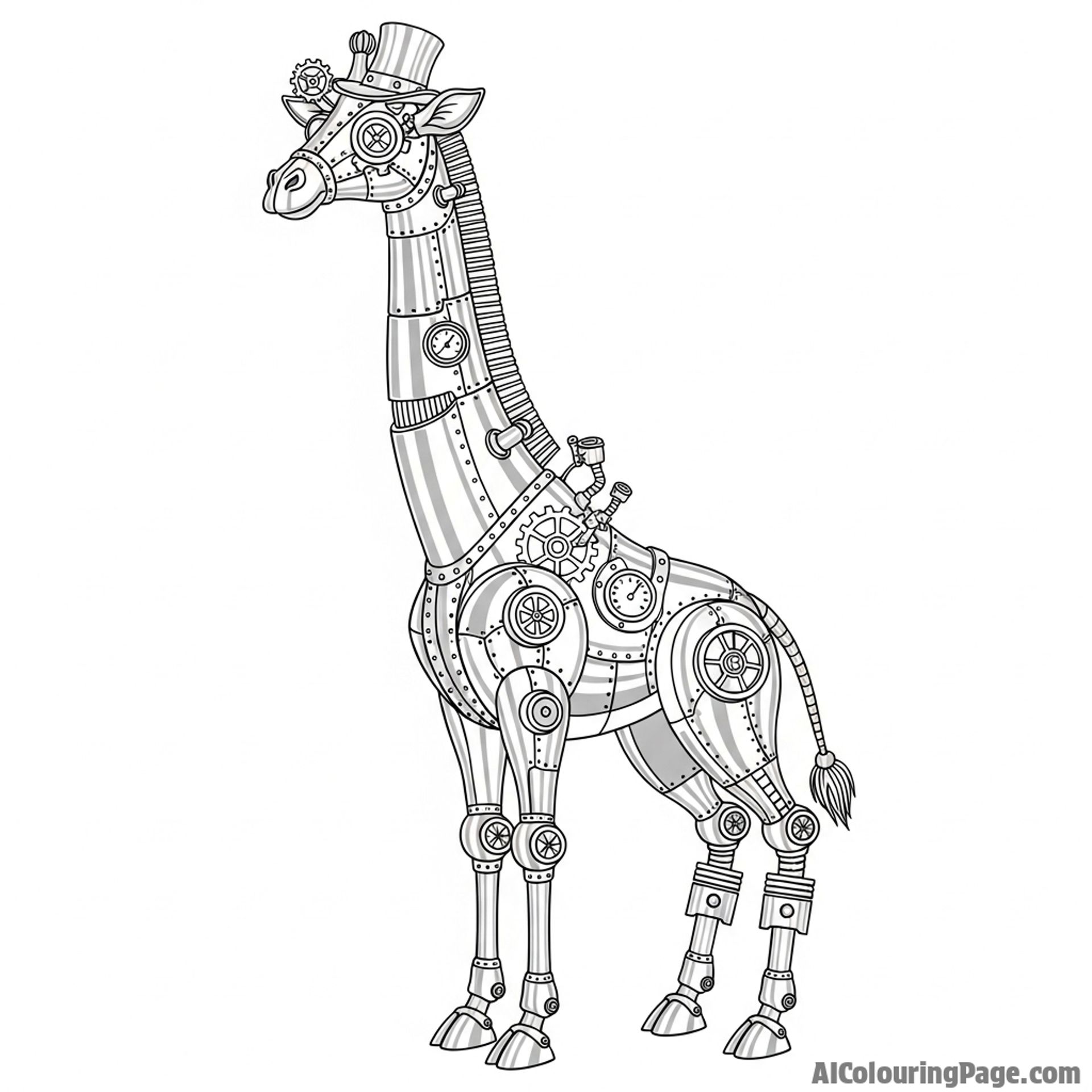 A steampunk giraffe with visible gears, cogs, and polished metal plates.