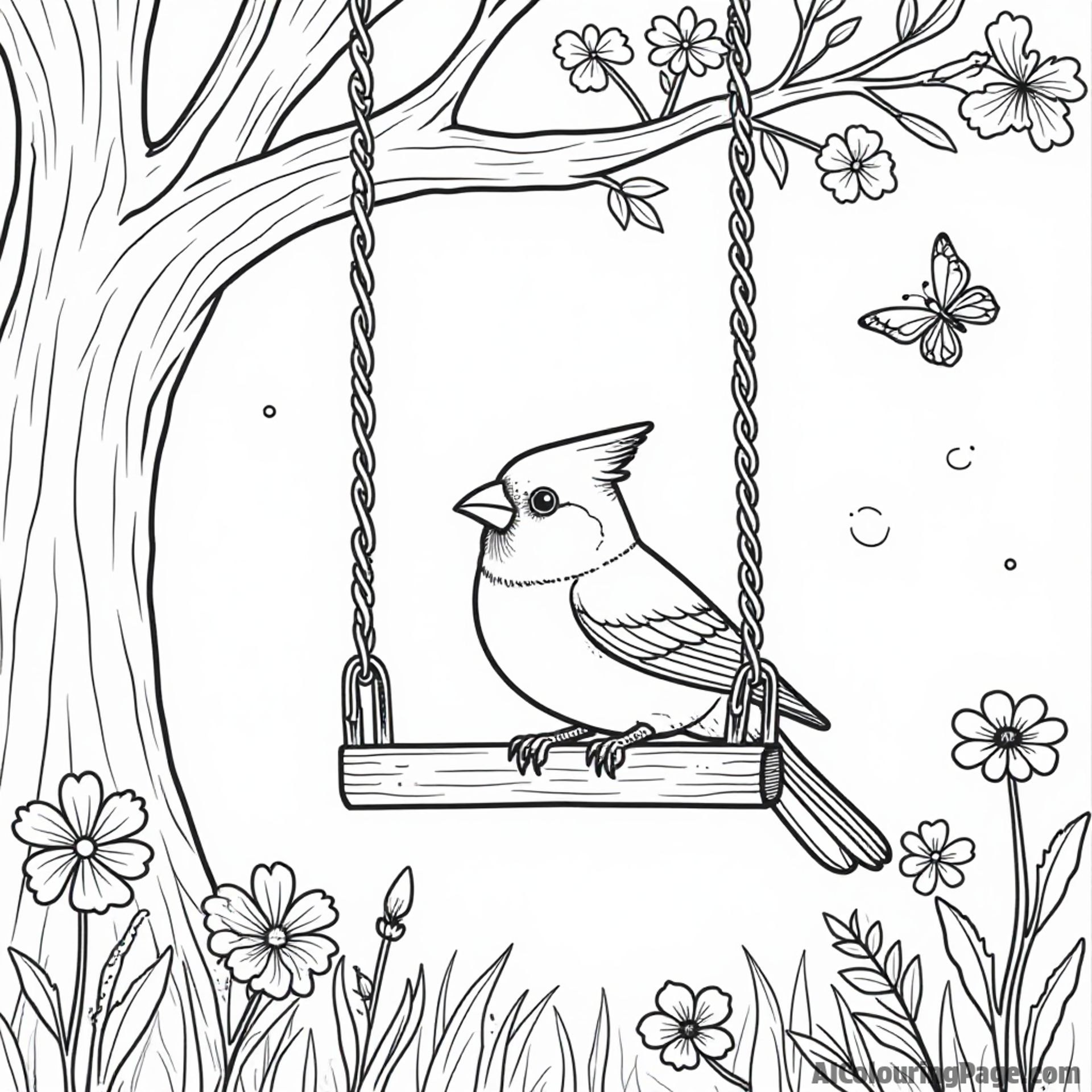 A cardinal perched on a swing hanging from a tree, with flowers and butterflies dancing in the breeze for kids to color.