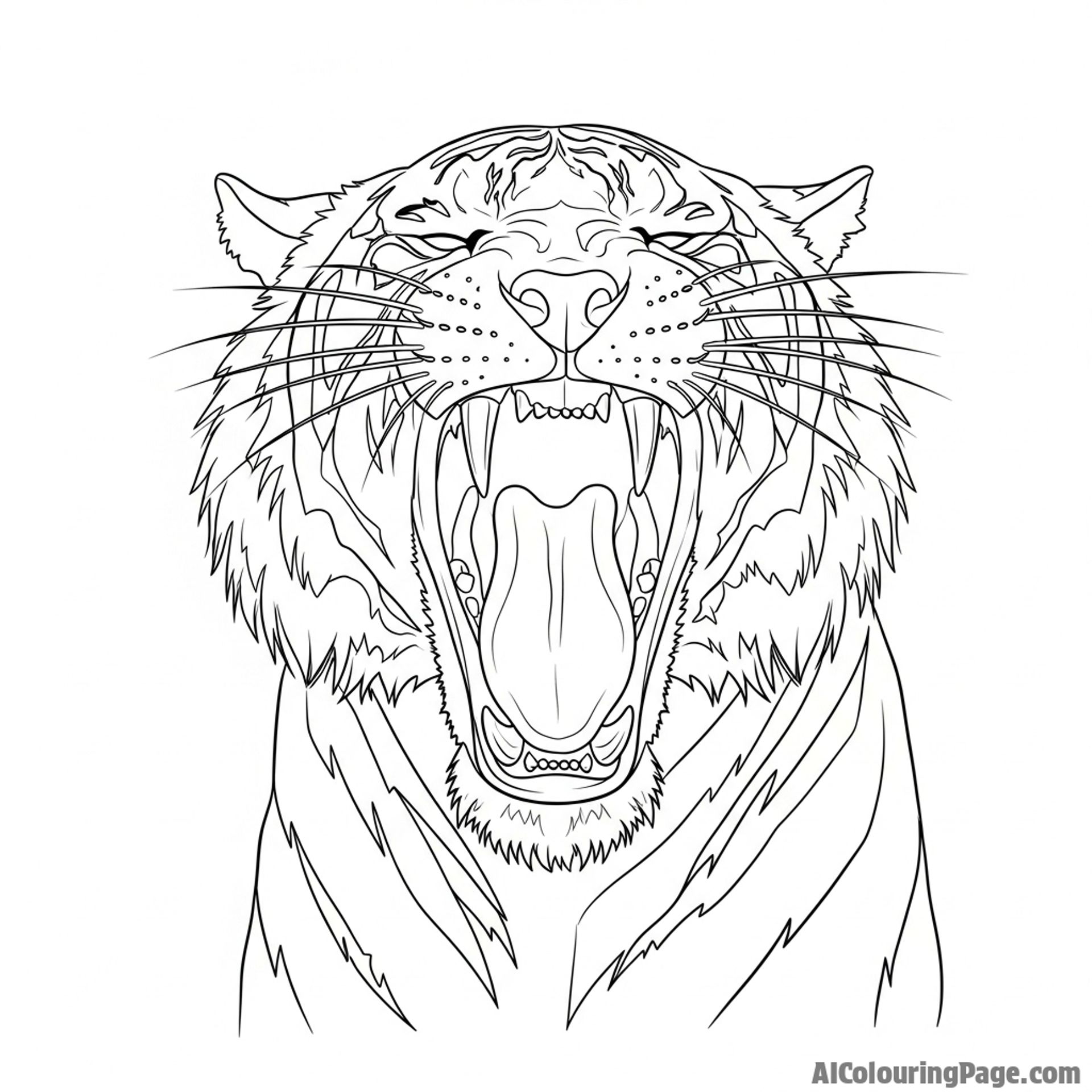 A high-contrast photograph of a tiger yawning, showcasing its formidable teeth.