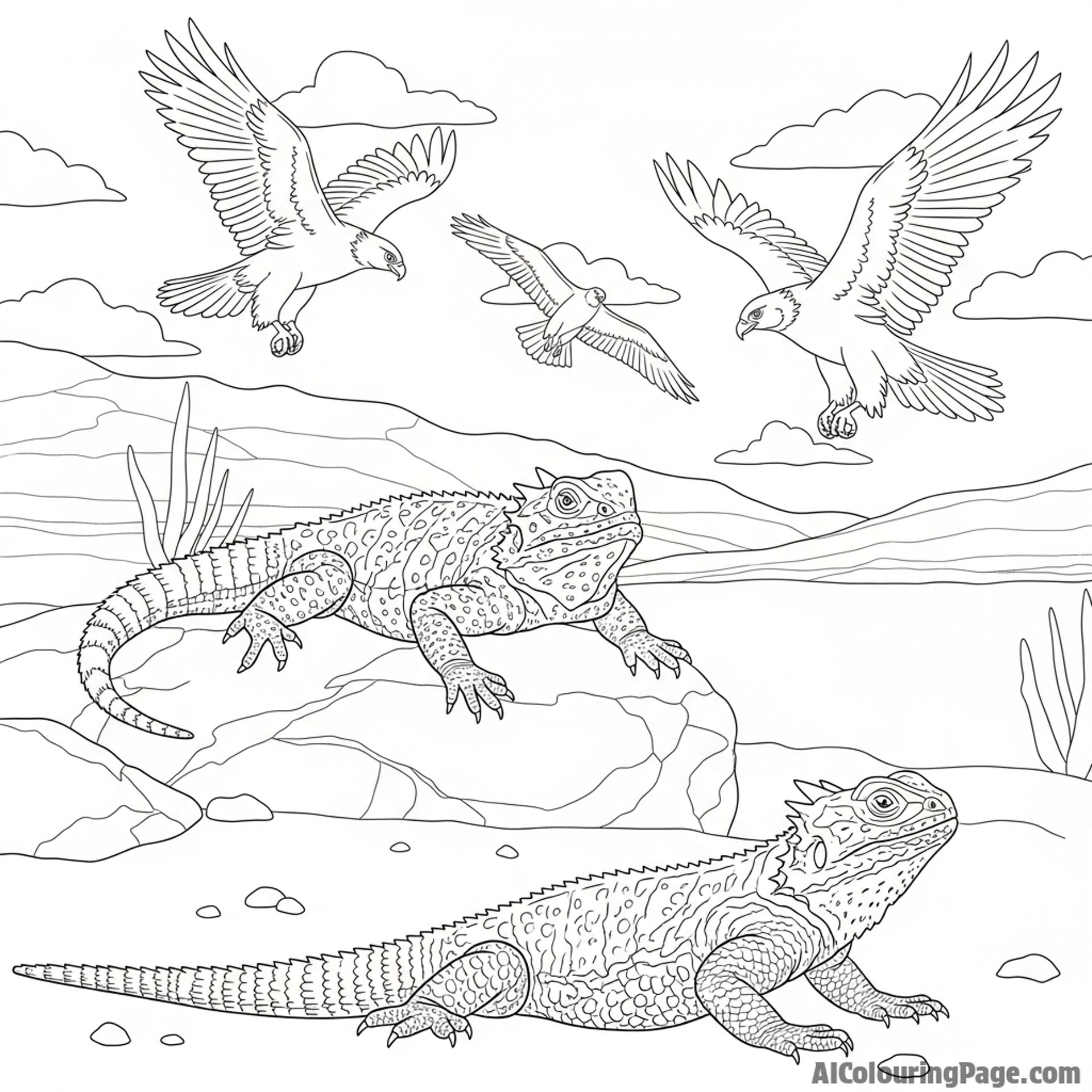 Desert animals, lizards basking, soaring birds of prey.