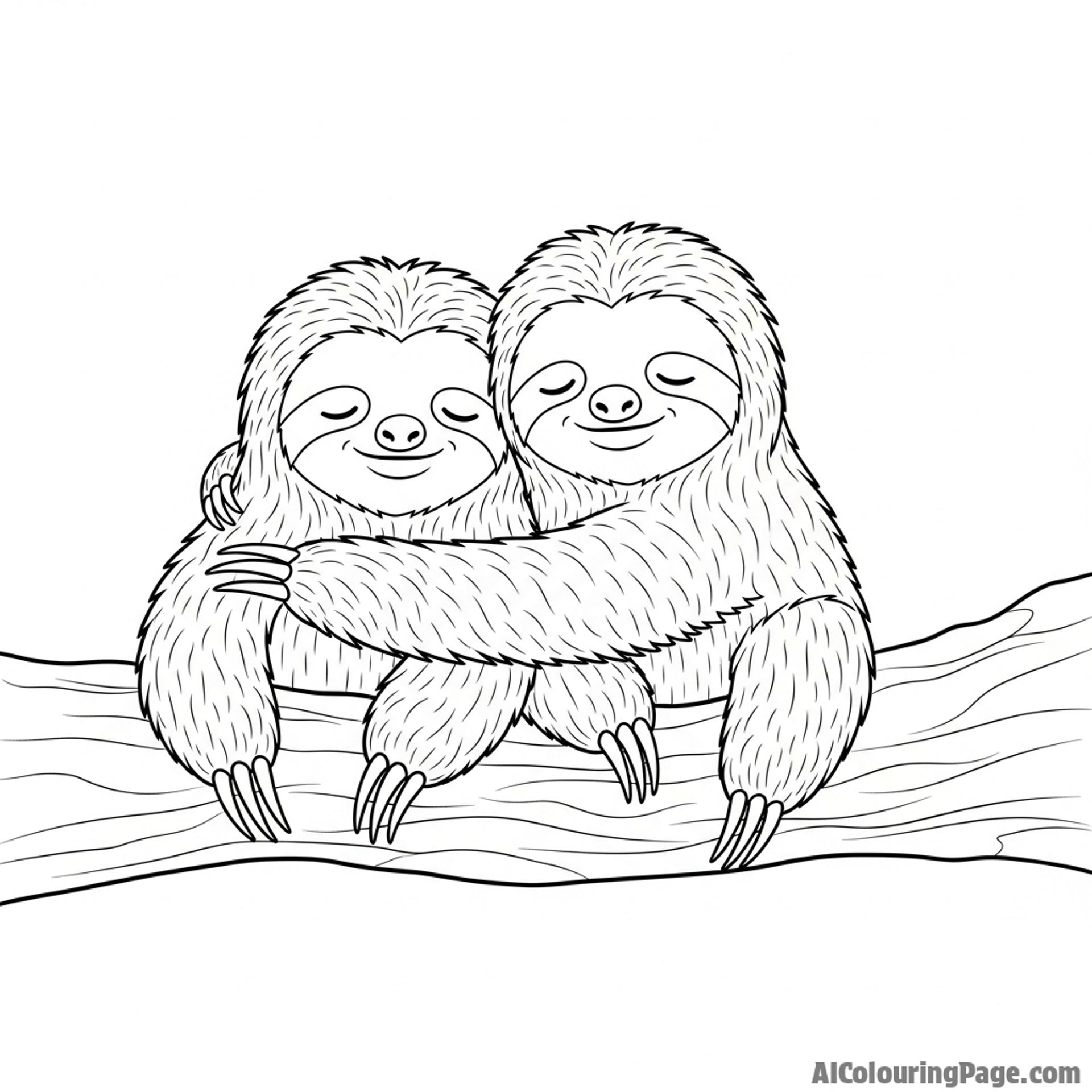 Two sloths sharing a gentle hug on a sturdy branch.