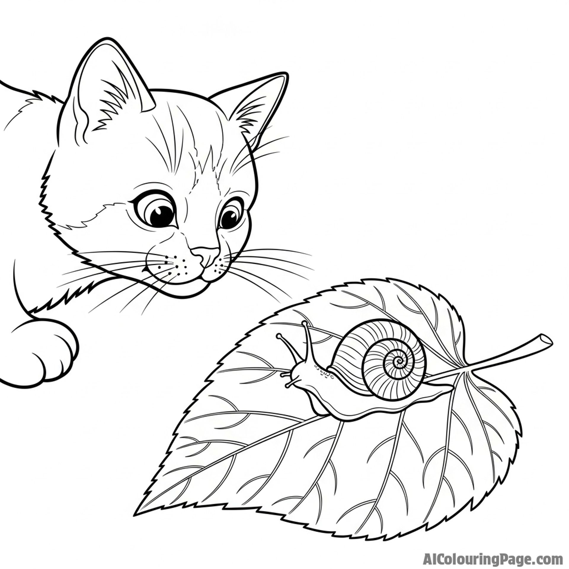 A cat looking inquisitively at a snail crawling on a leaf.