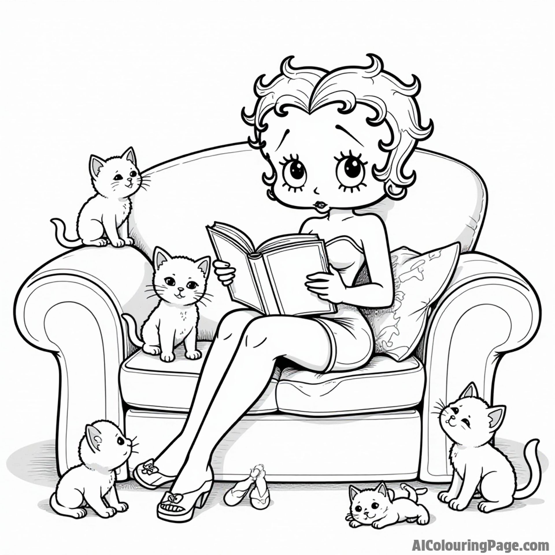 Betty Boop reading a book on a cozy couch surrounded by playful kittens and a stack of colorful cushions