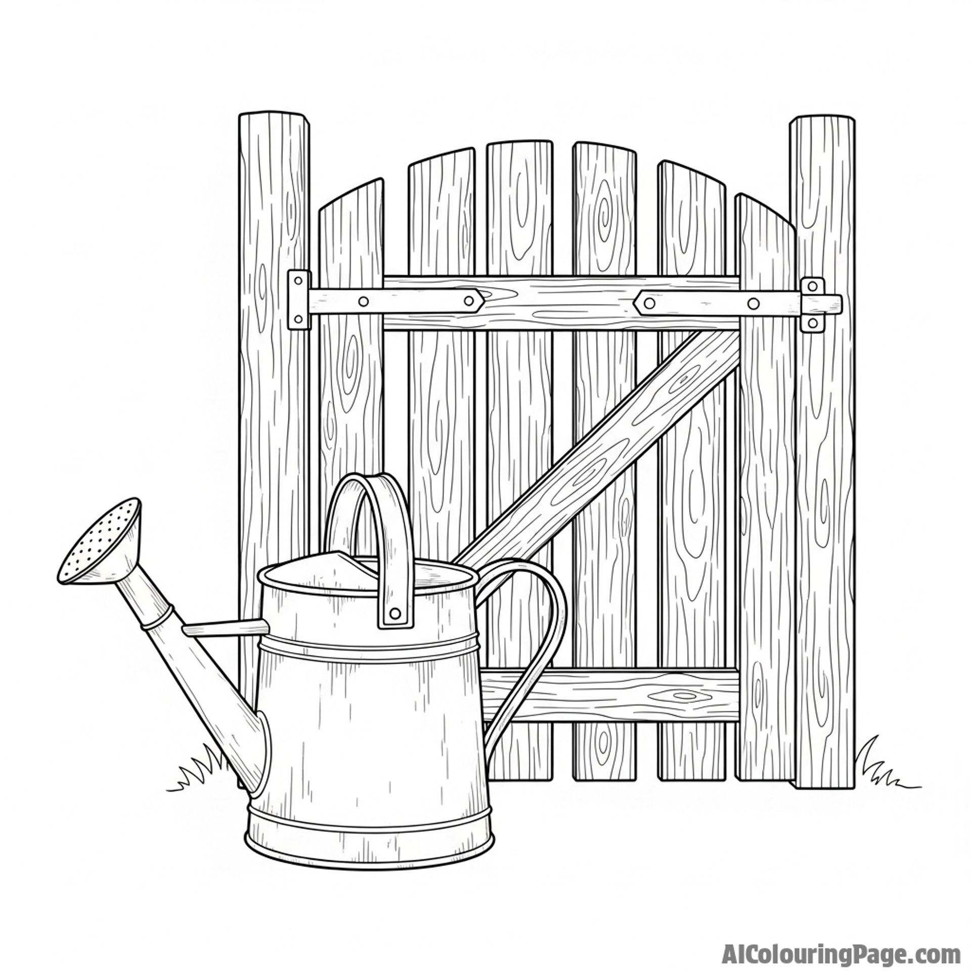 A weathered watering can sitting beside a garden gate.