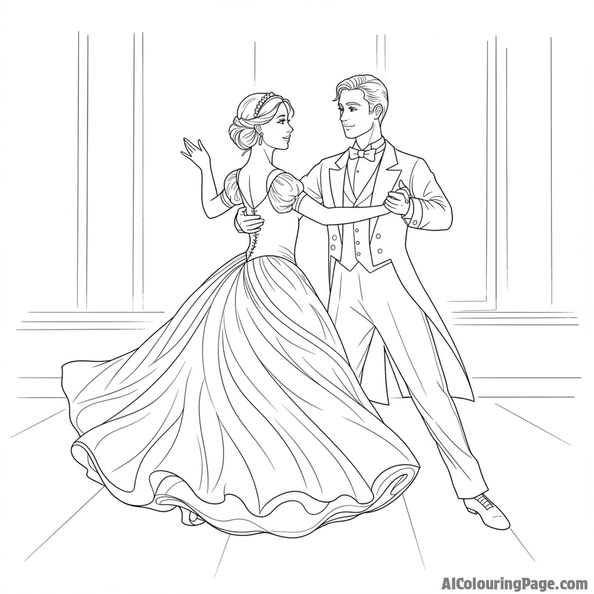 Two dancers twirling in a grand ballroom, lost in each other's eyes.