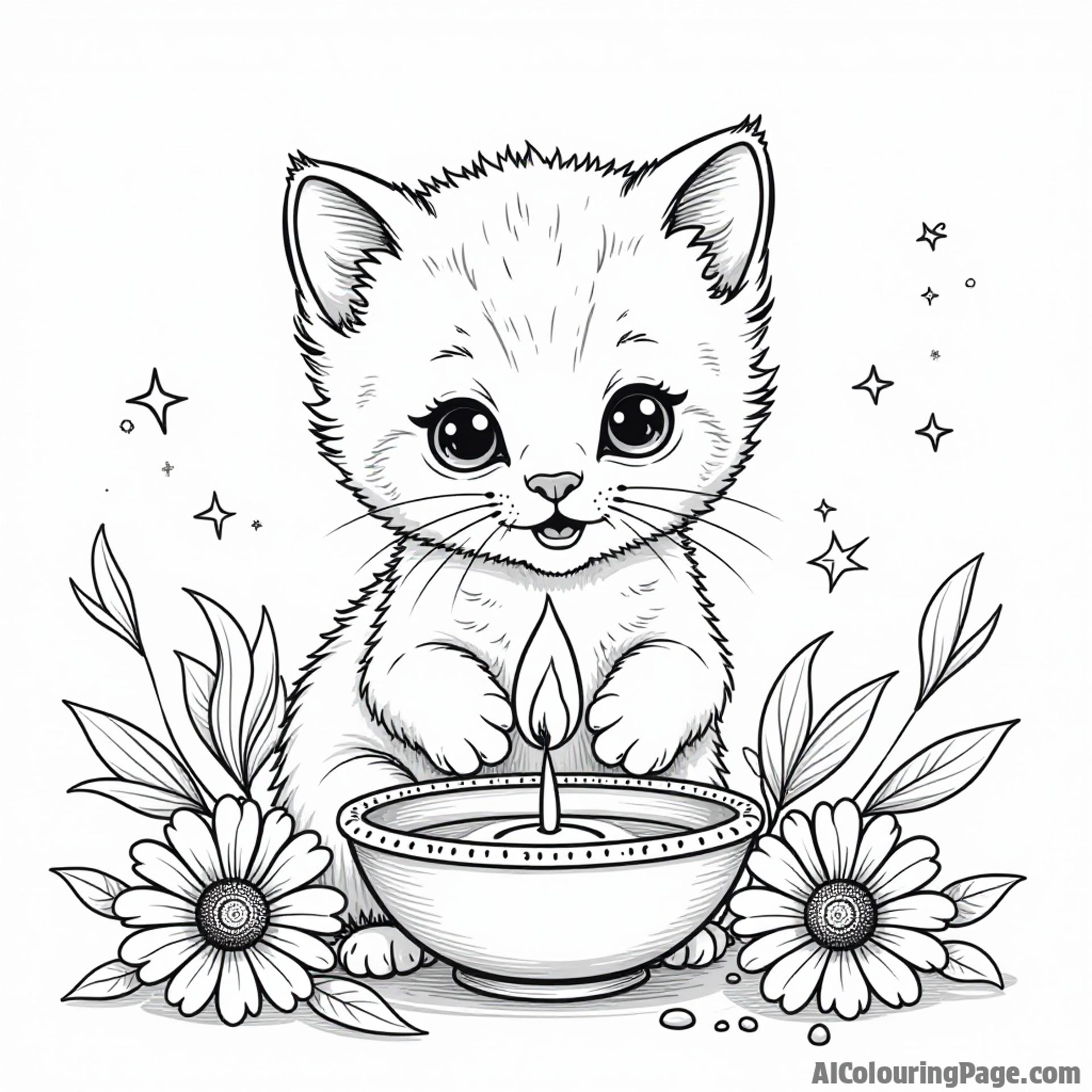 A cute kitten playing with a diya, surrounded by colorful marigold flowers and twinkling stars, representing the playful spirit of Diwali for a delightful coloring experience in Festivals and Traditions Coloring Sheets.
