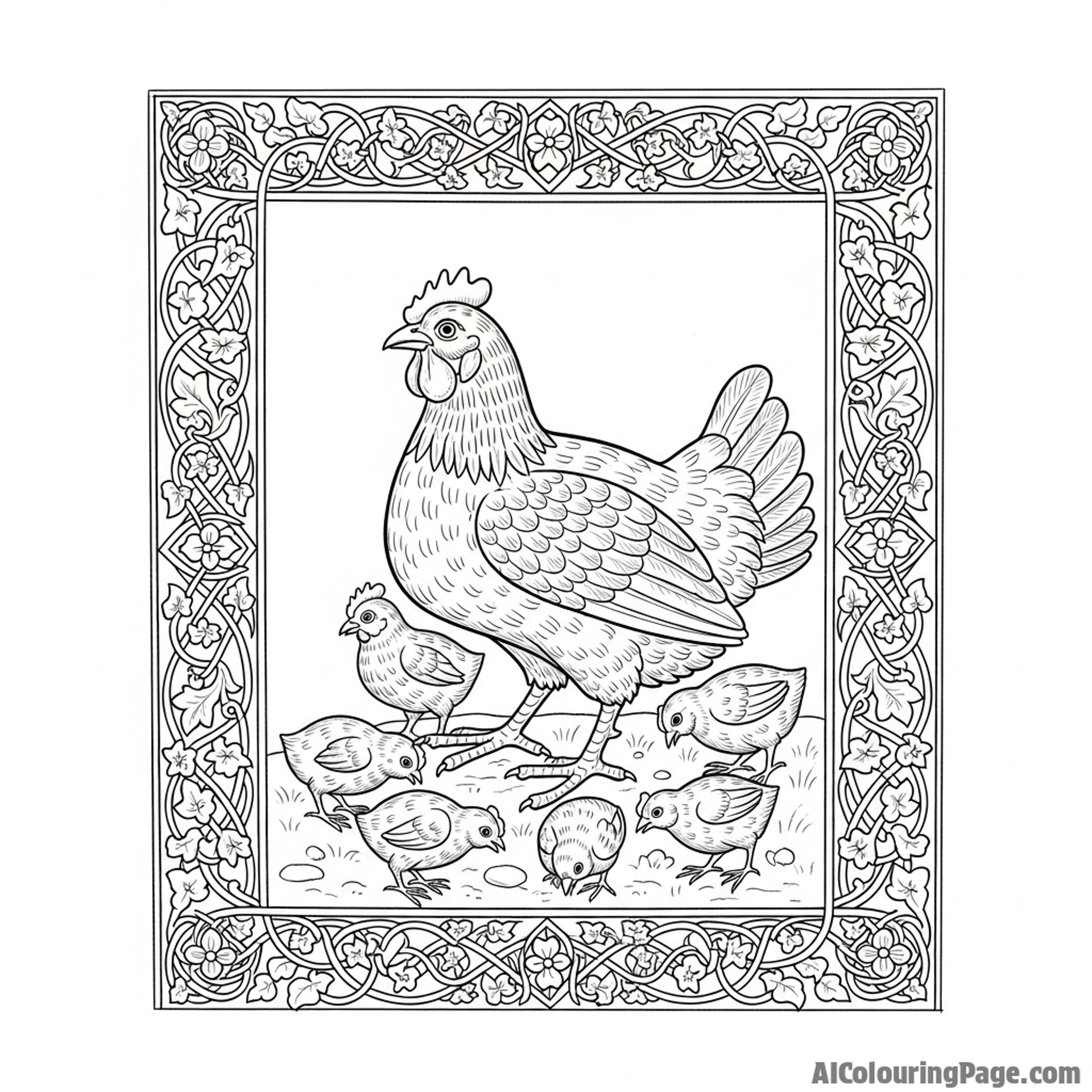 A medieval illuminated manuscript page featuring a hen and her chicks.