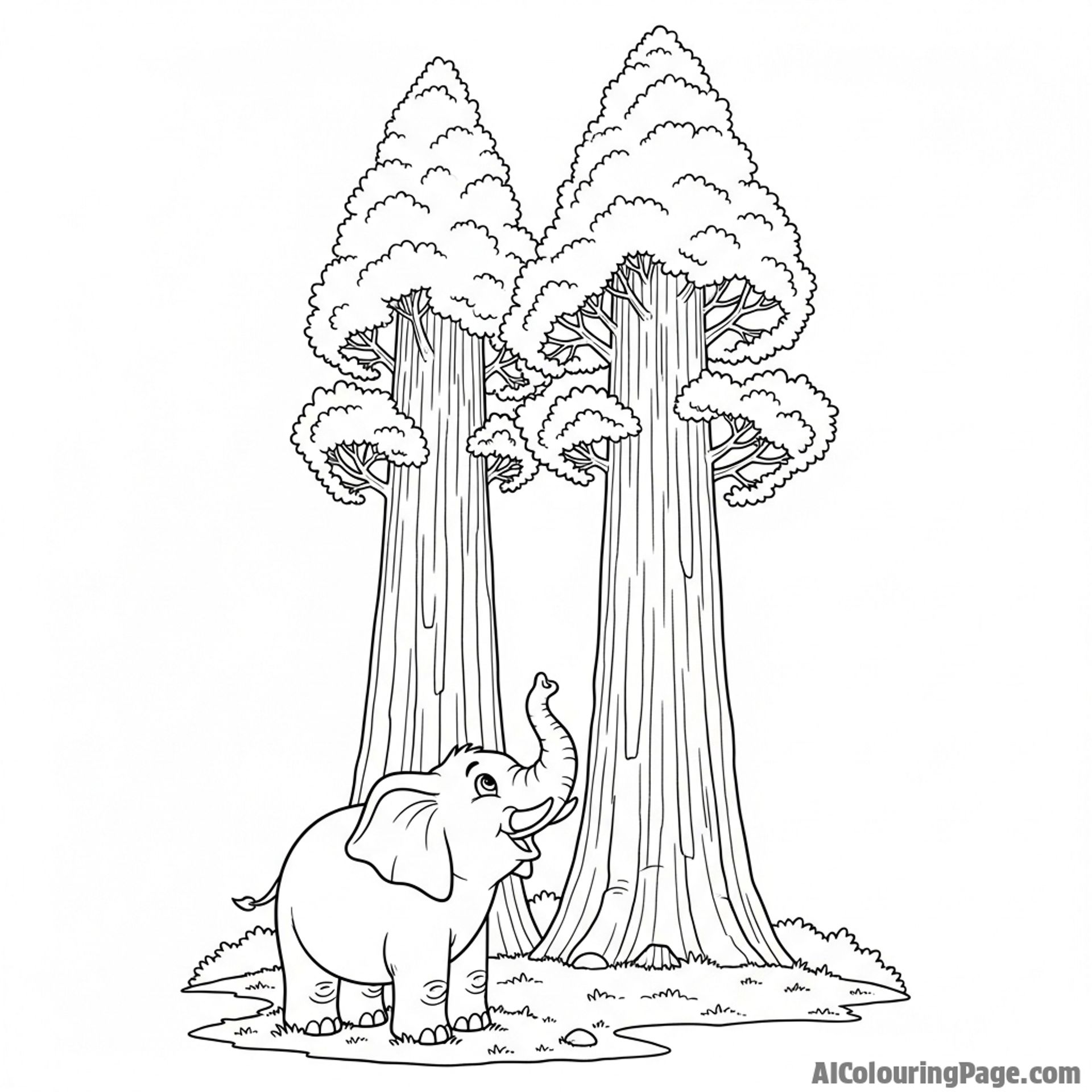 An elephant standing dwarfed by the immense scale of ancient sequoia trees.