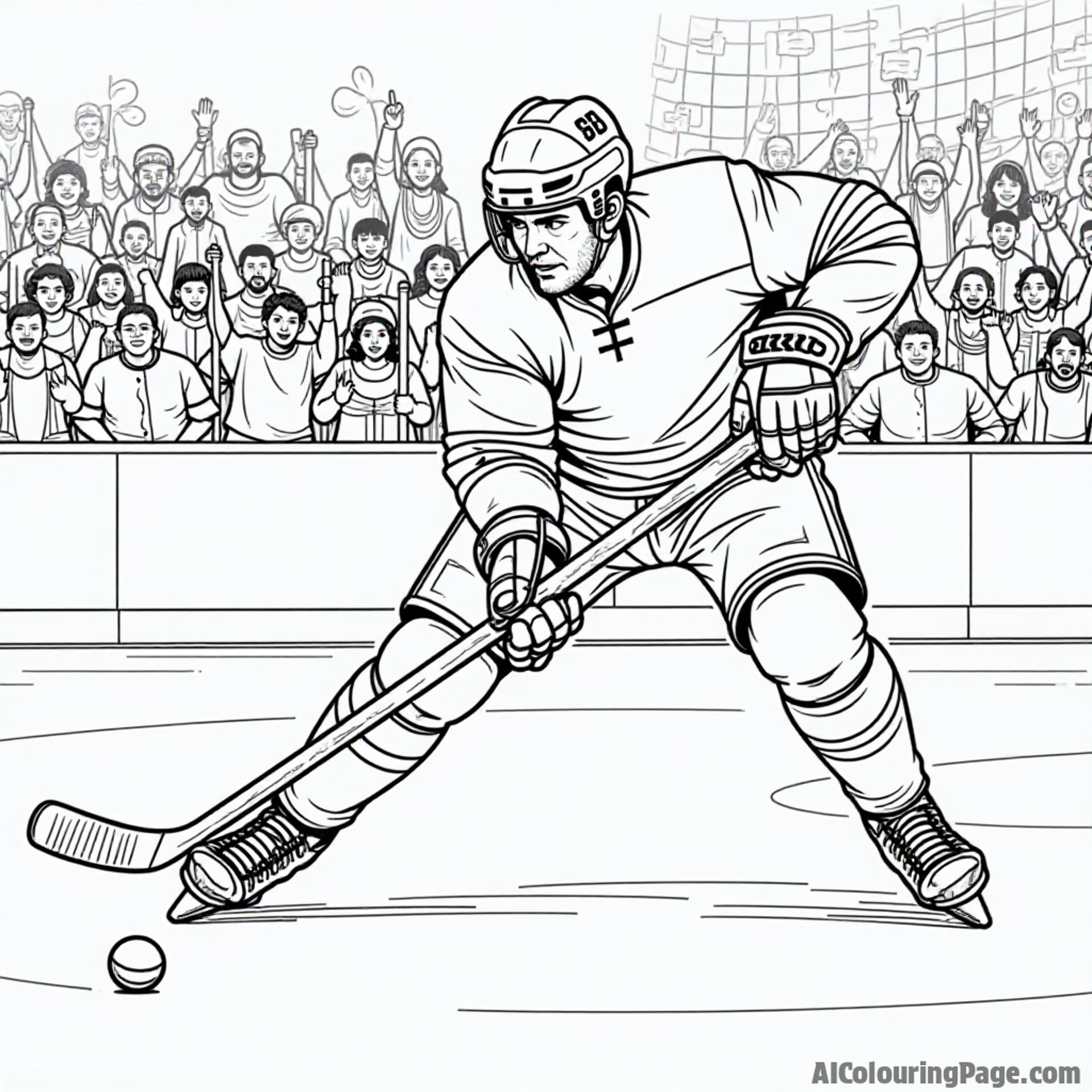 A hockey player shooting a puck towards a goal, wearing a helmet and pads, with a cheering crowd in the background, all outlined for coloring fun.