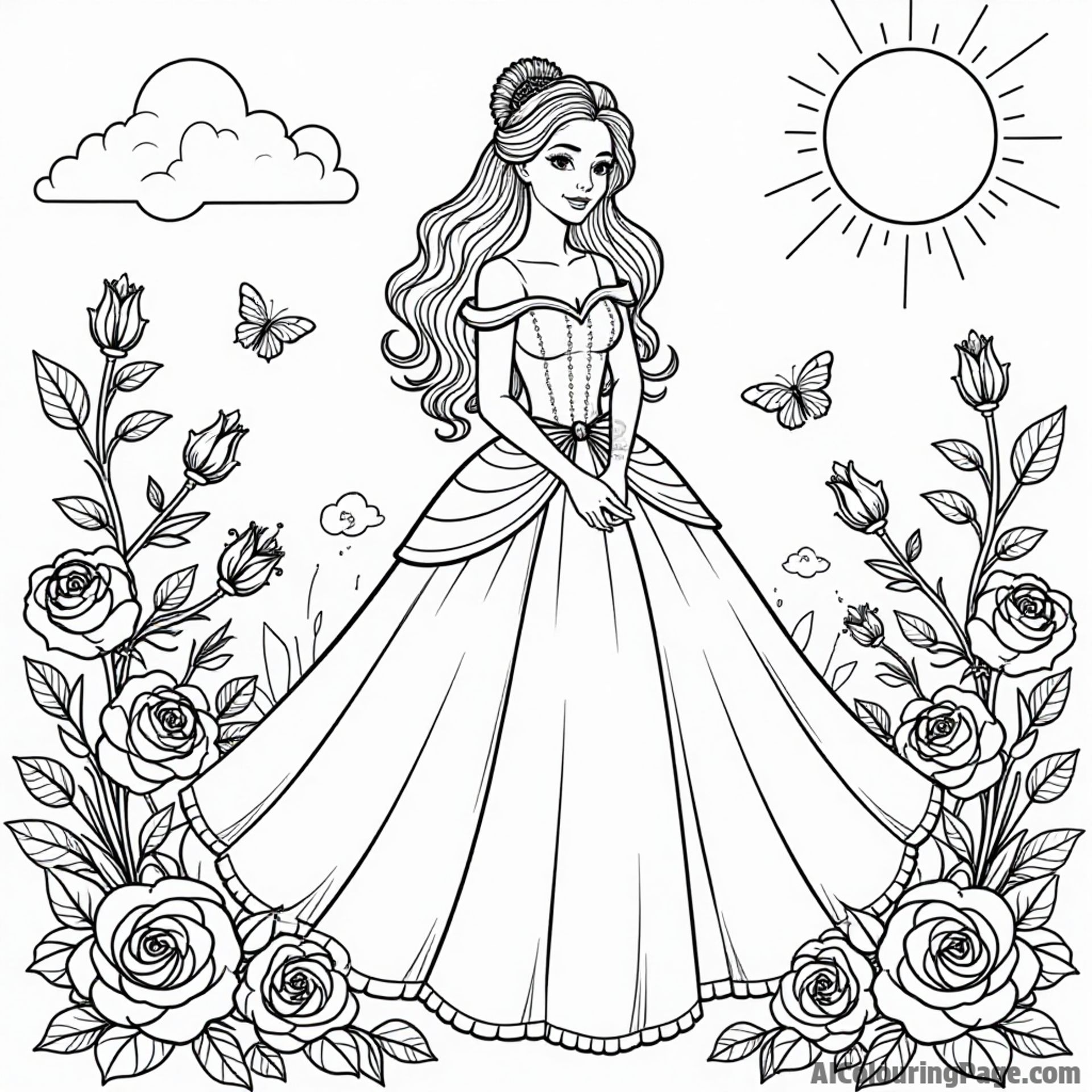 A beautiful princess in a flowing gown surrounded by roses and butterflies, standing in a magical enchanted garden under a sunny sky.