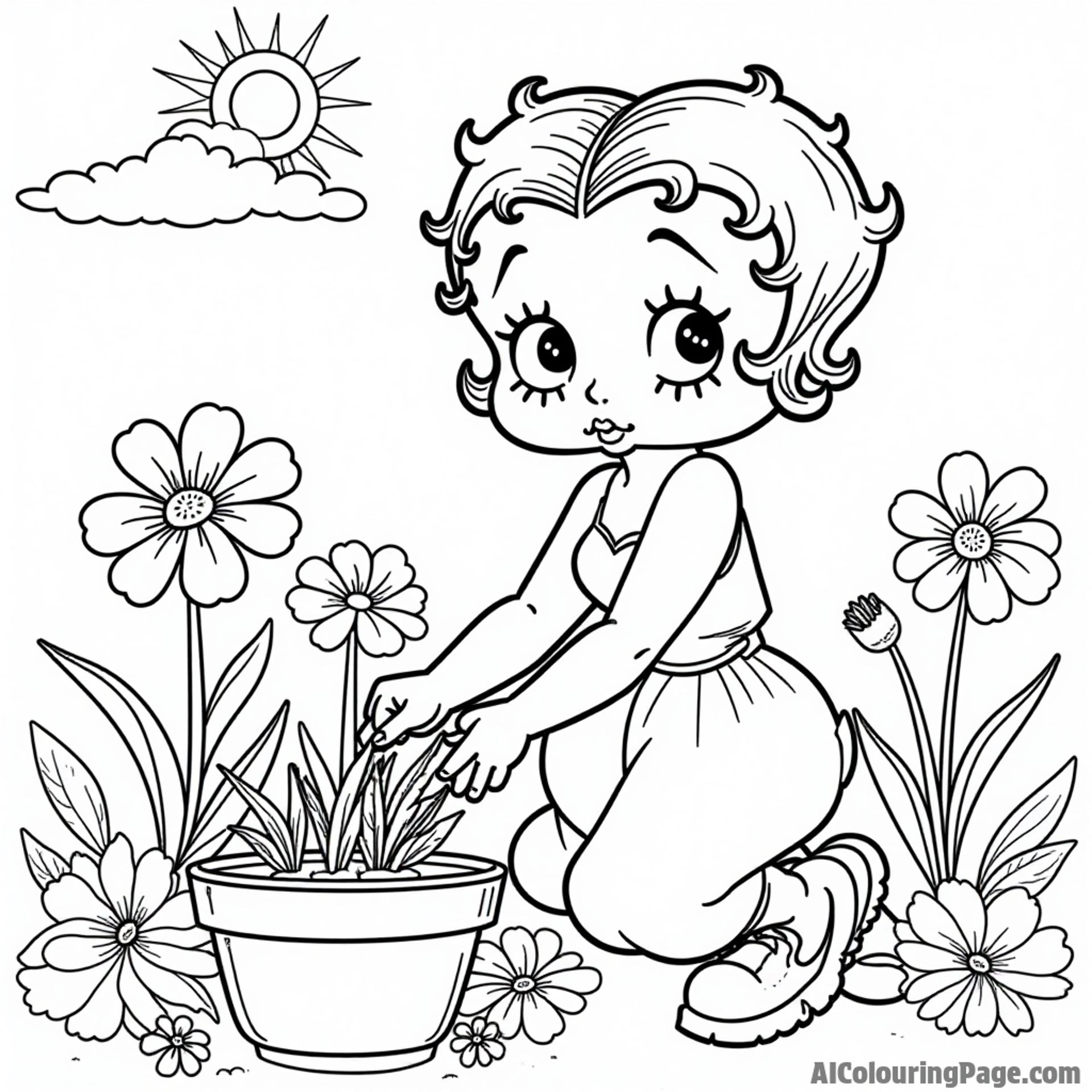 Betty Boop gardening with flowers blooming all around her and a cheerful sun shining in a clear blue sky