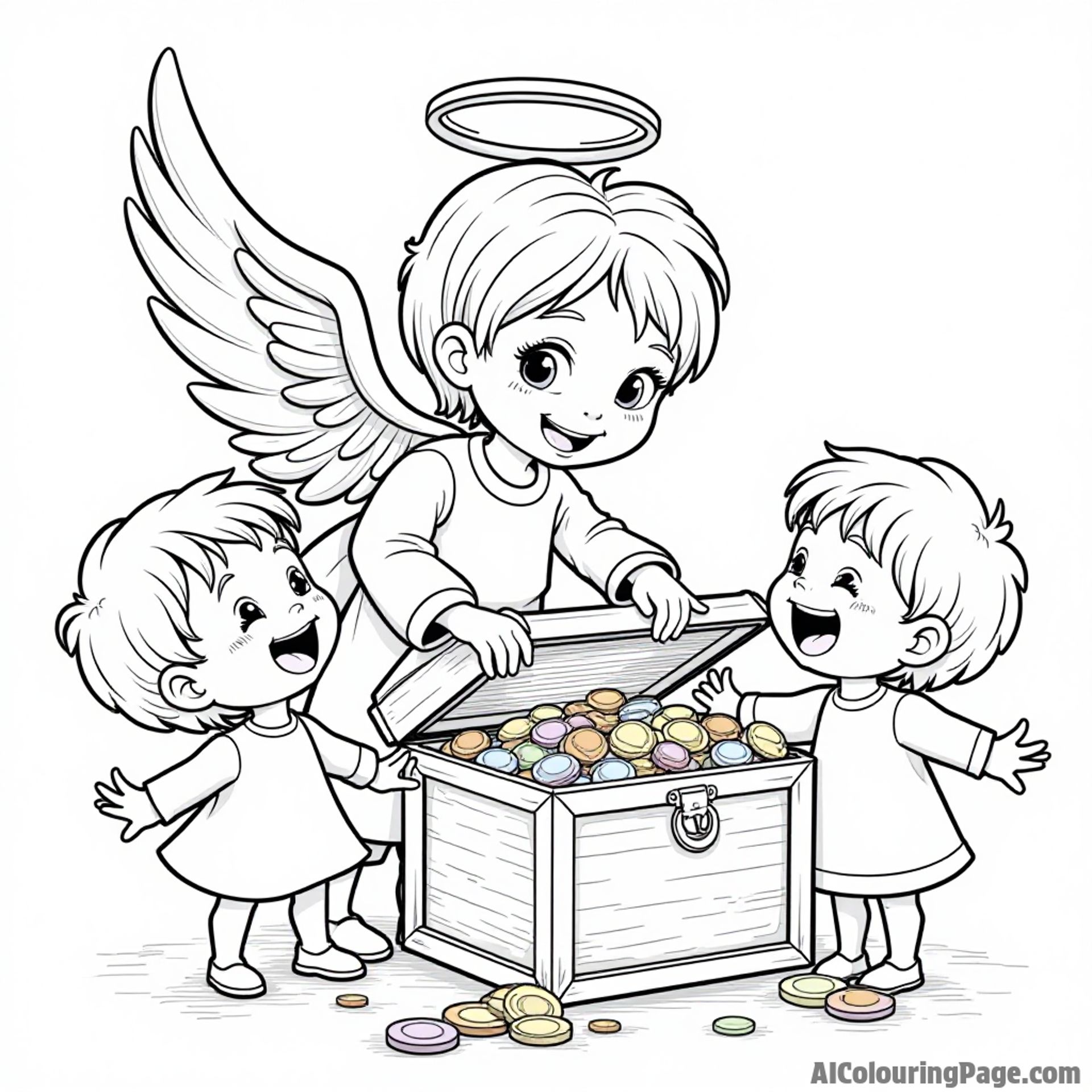 A friendly angel sharing a treasure chest full of colorful gems and gold coins with excited children.