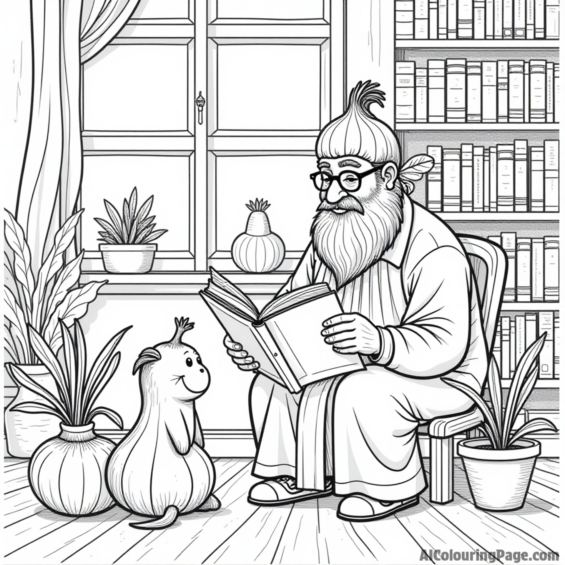 A wise onion librarian reading stories to young vegetables in a cozy library filled with books and plants.
