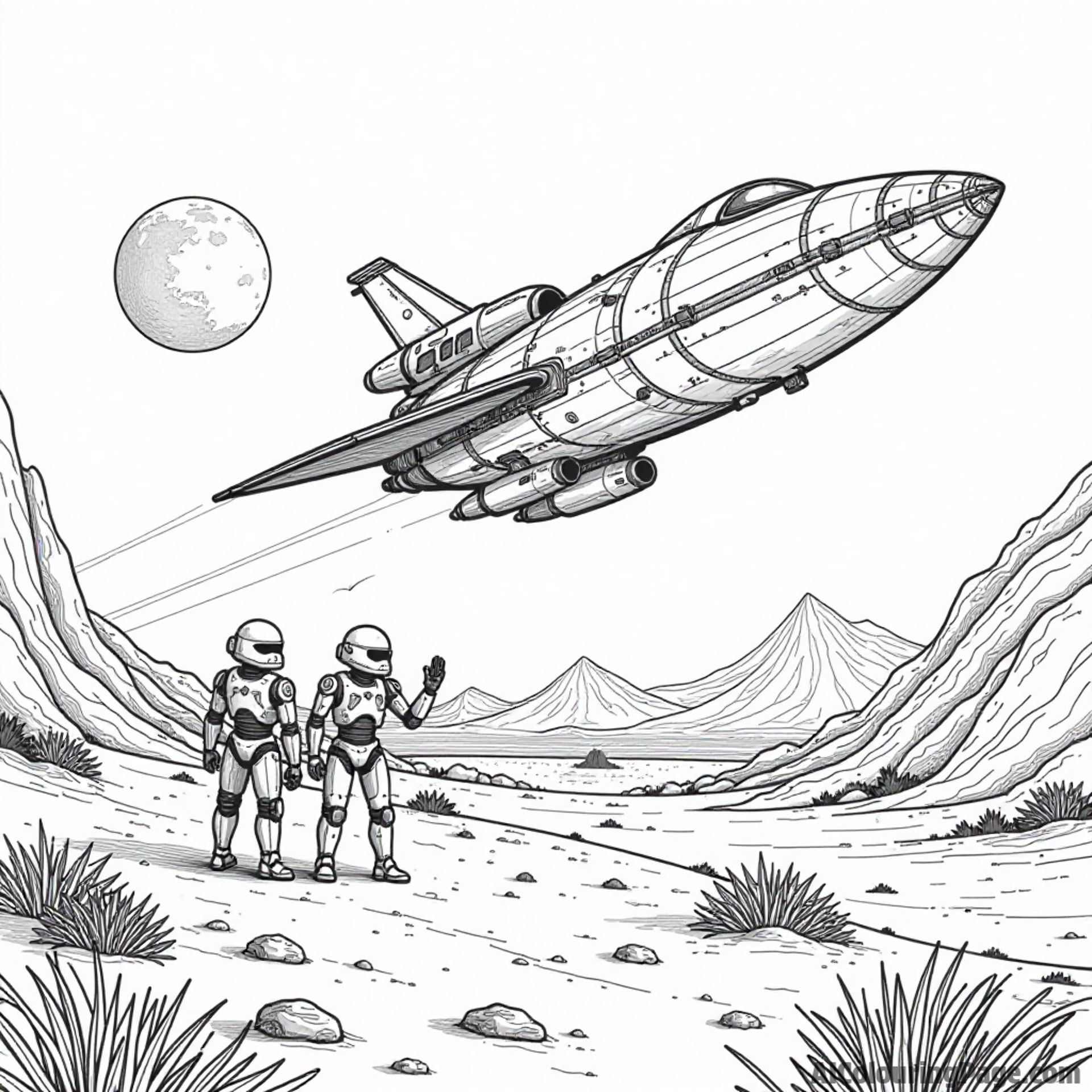 A galactic spaceship taking off from a desert planet, with two robots waving goodbye and distant mountains in the background.