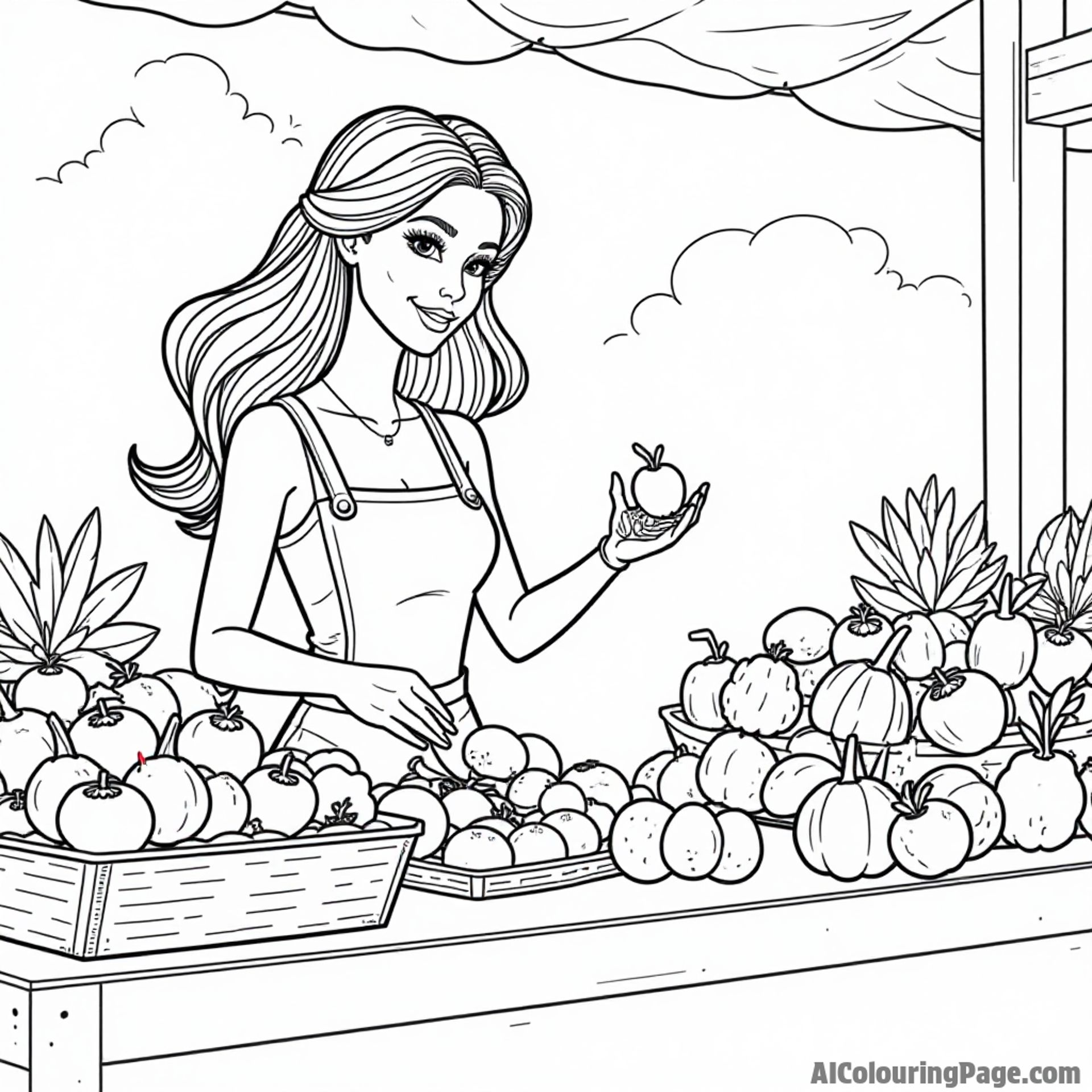 Barbie at a farmer's market, selling fresh fruits and vegetables, interacting with friendly customers and enjoying the day.