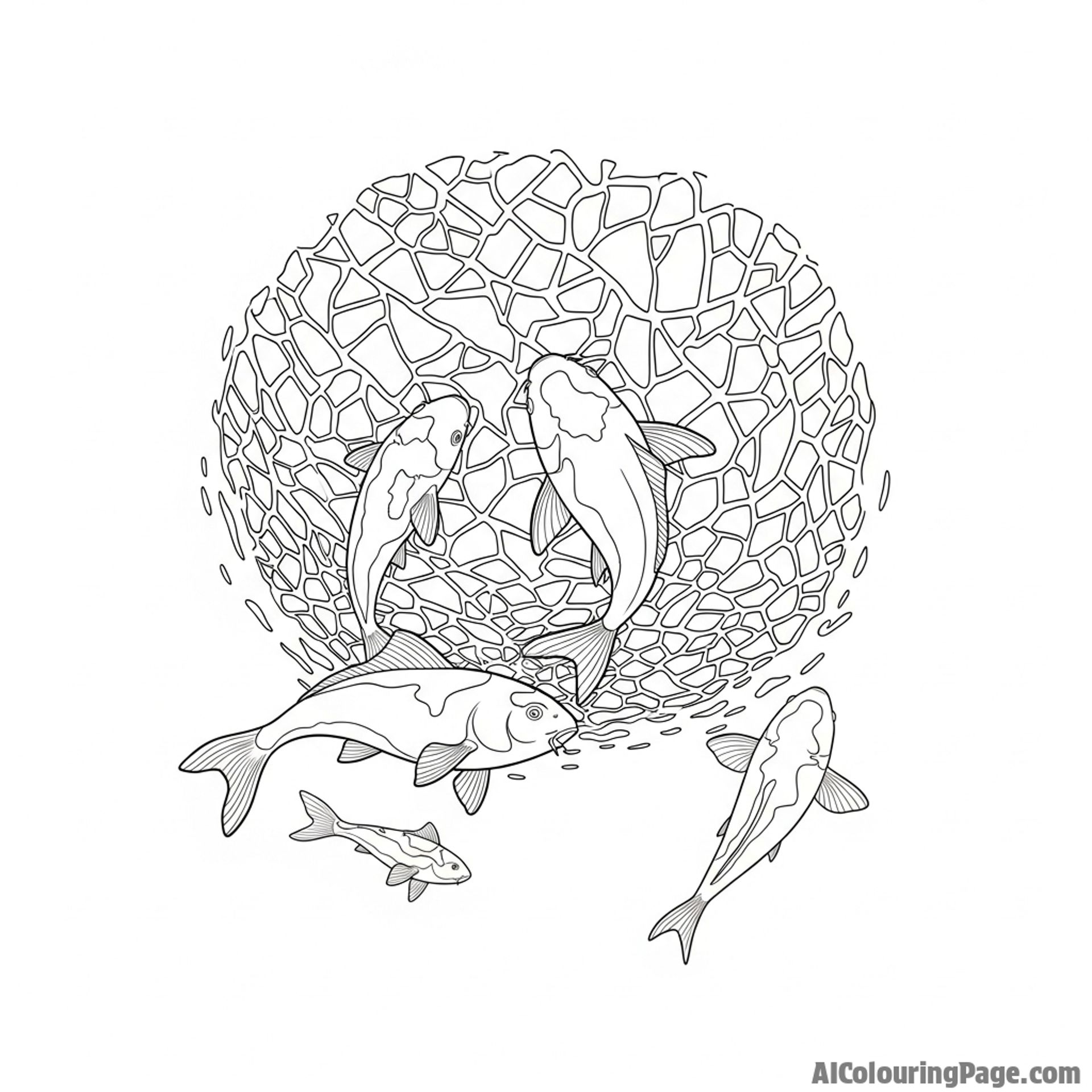 An underwater perspective looking up at the silhouettes of koi against the bright, fractured surface.