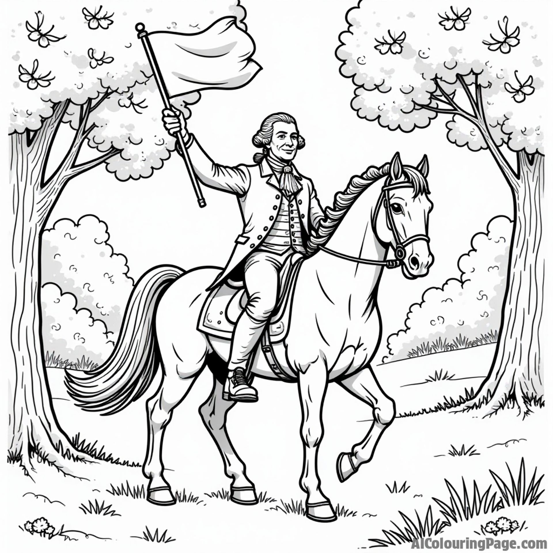 A cheerful George Washington on horseback, waving a flag, surrounded by cherry blossoms in a peaceful park setting.