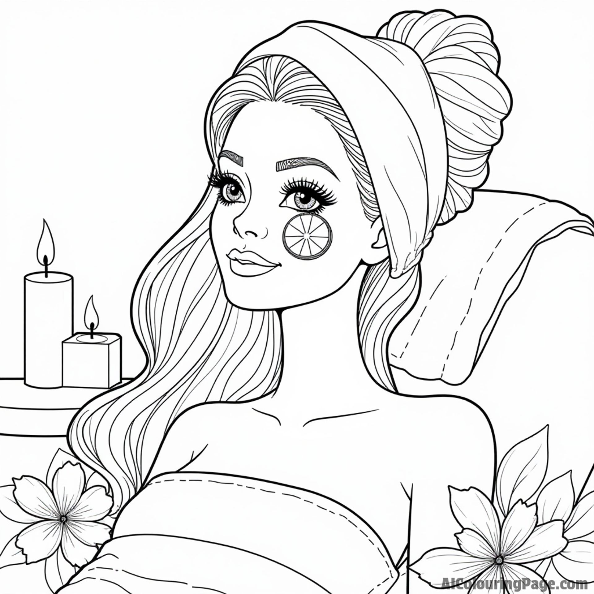 Barbie at a spa, relaxing with a face mask and cucumber slices on her eyes, surrounded by candles and flowers.