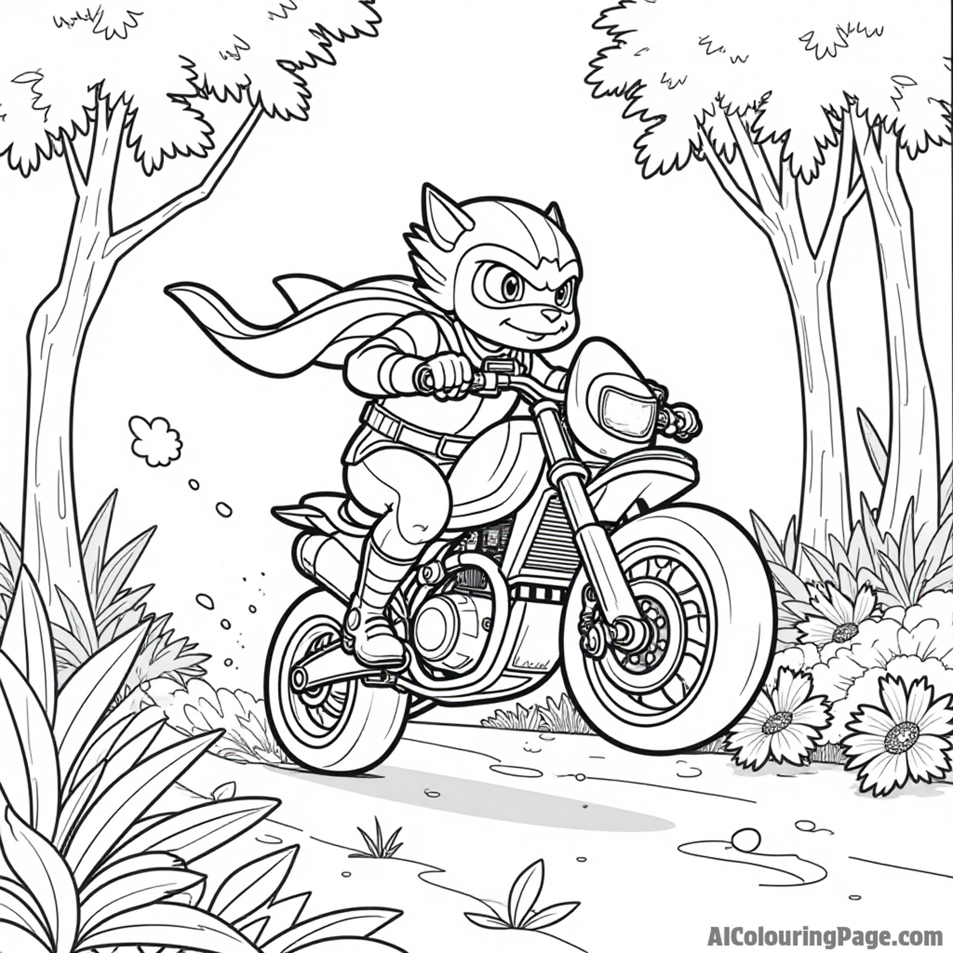 A heroic creature riding a speeder bike through a lush jungle, dodging trees and colorful flowers along the way.