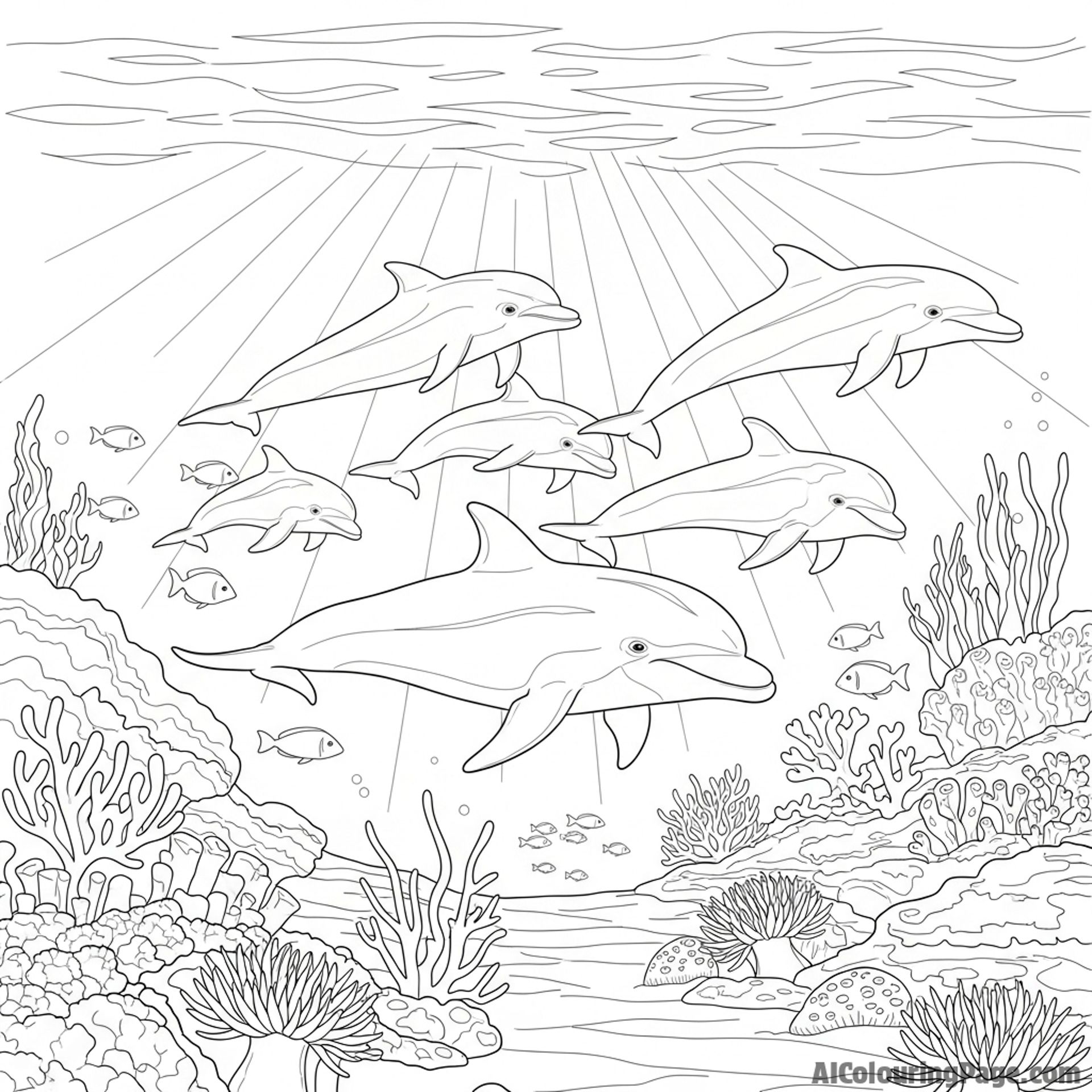 A pod of dolphins swimming through a sun-drenched coral reef, with light filtering from above.